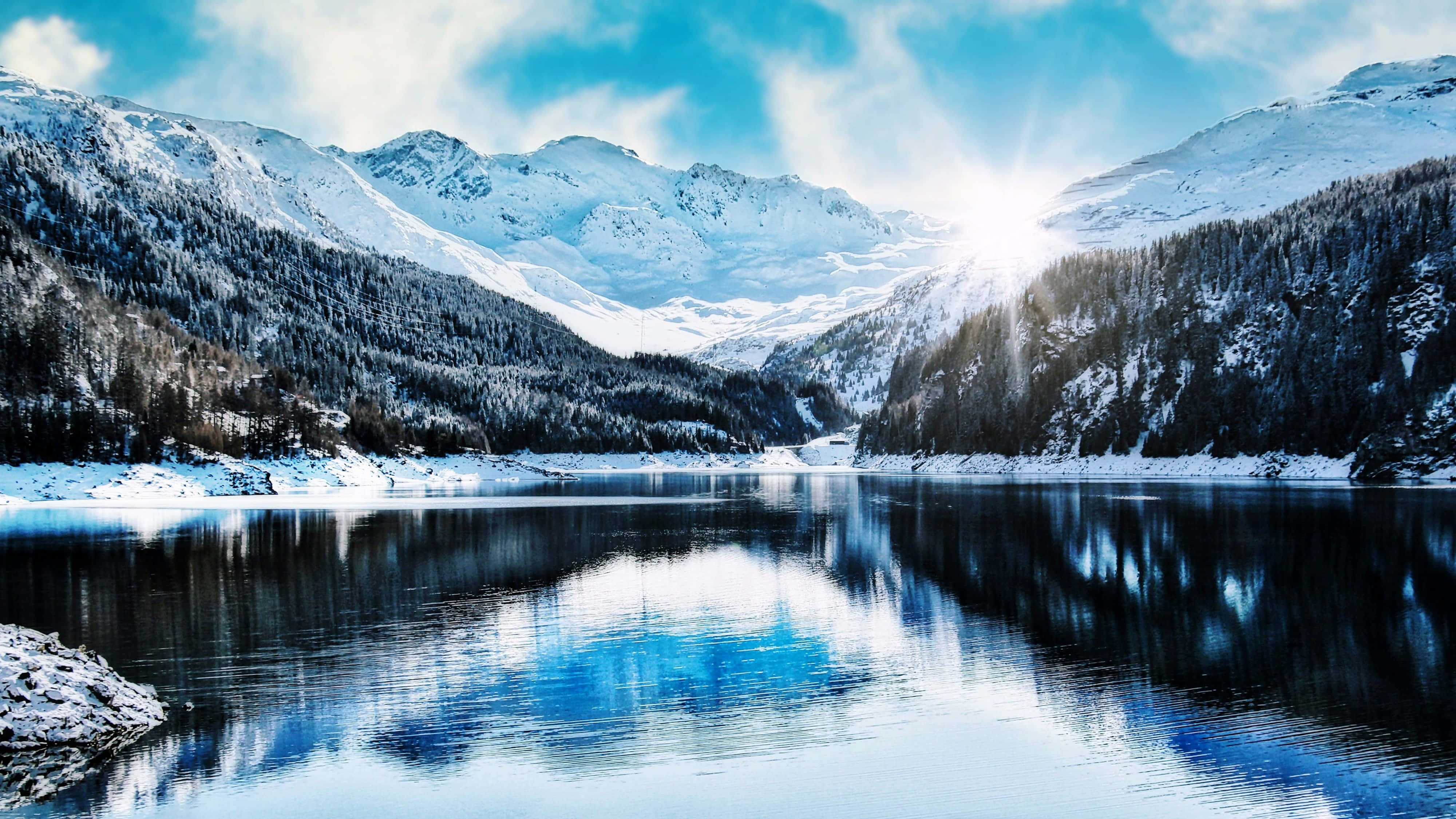 4K Mountain, winter lake, snowcapped mountains, 4K Desktop Wallpaper