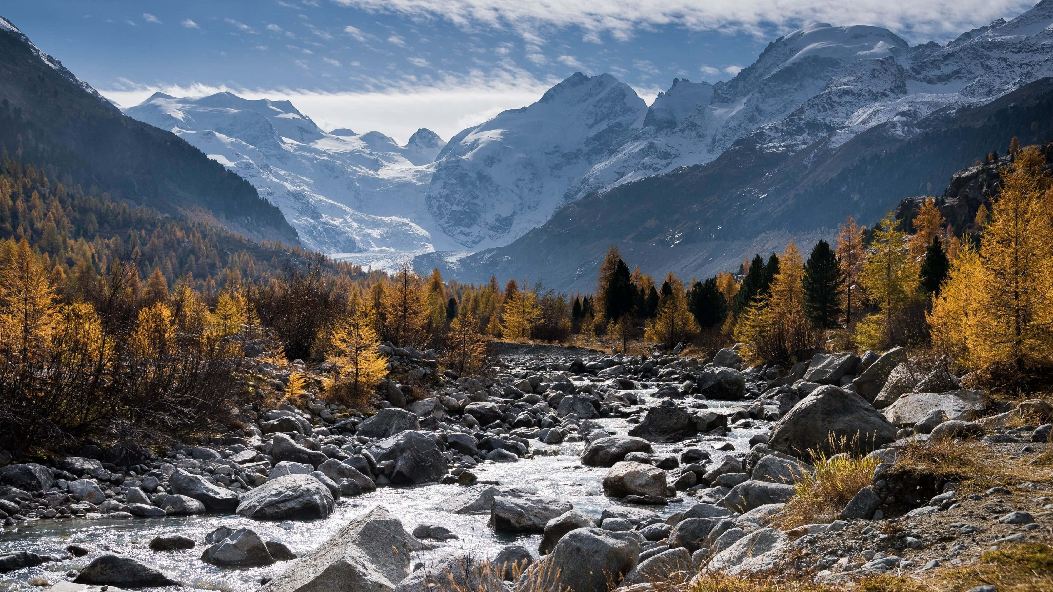 4K Mountain, golden autumn trees, snow-capped peaks, 4K Desktop Wallpaper
