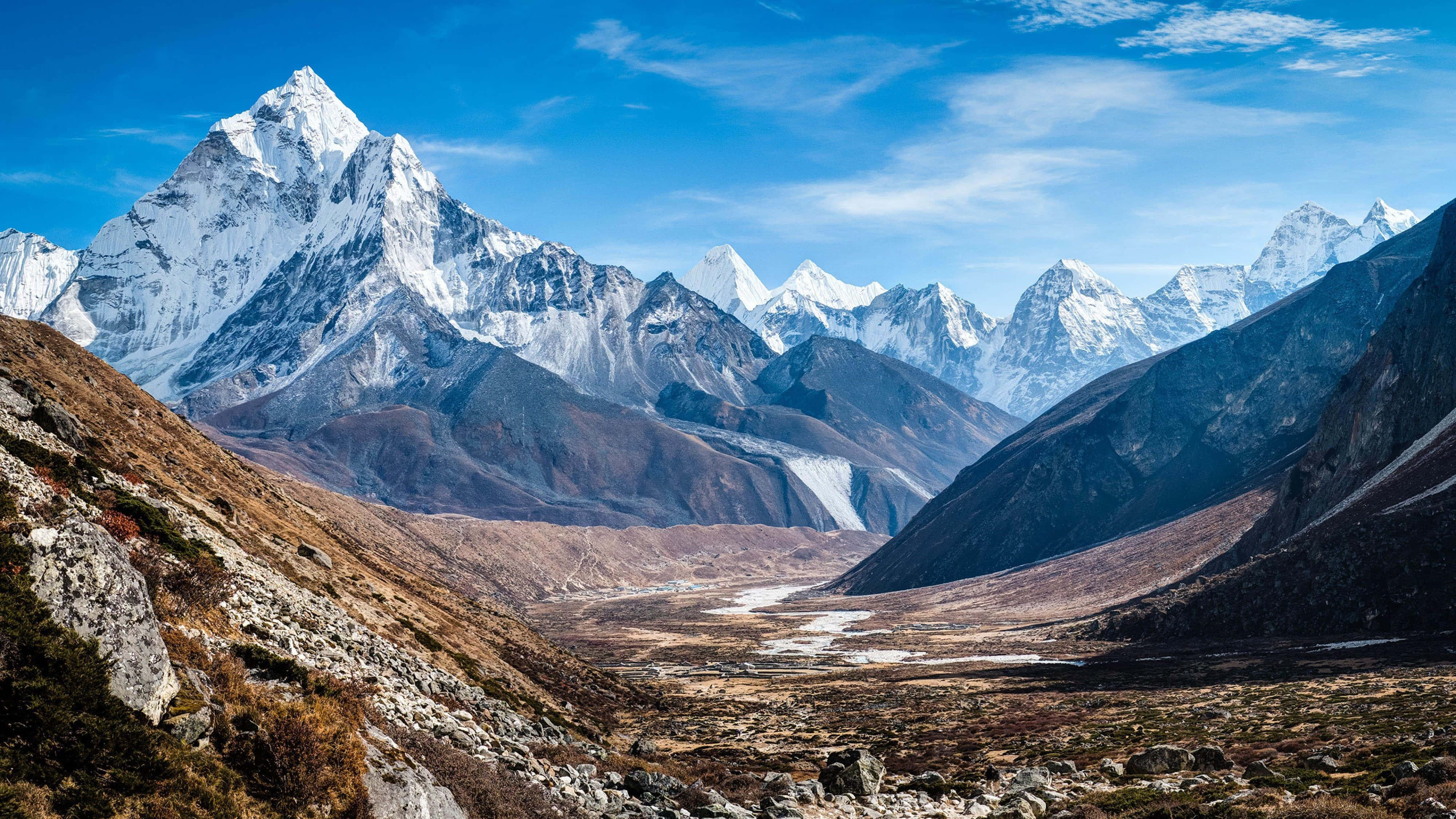 4K Mountain, snow-capped mountain range, rugged valley, 4K Desktop Wallpaper