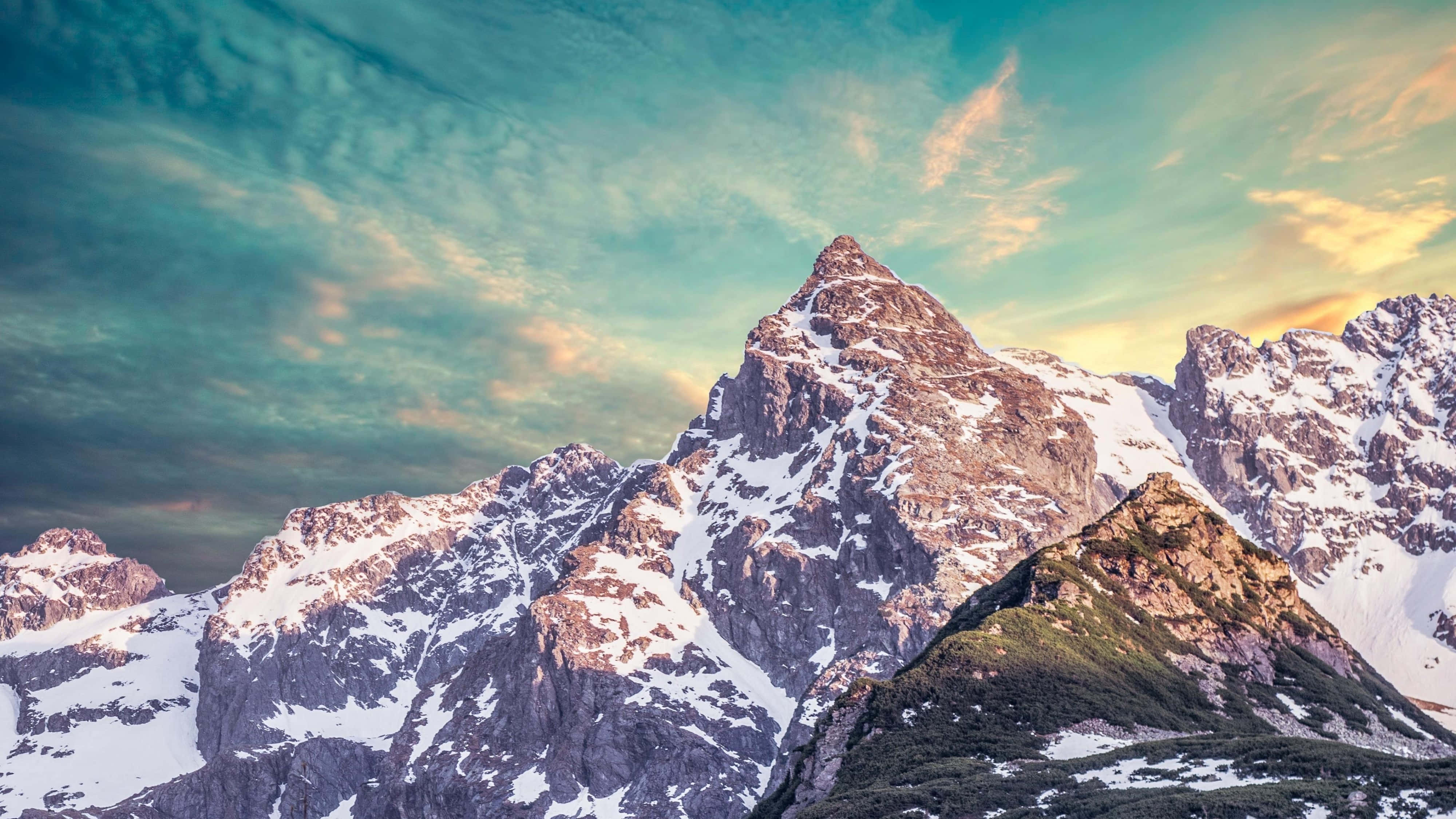 4K Snowy Mountain, snow-capped mountain peak, vibrant sunset sky, 4K Desktop Wallpaper
