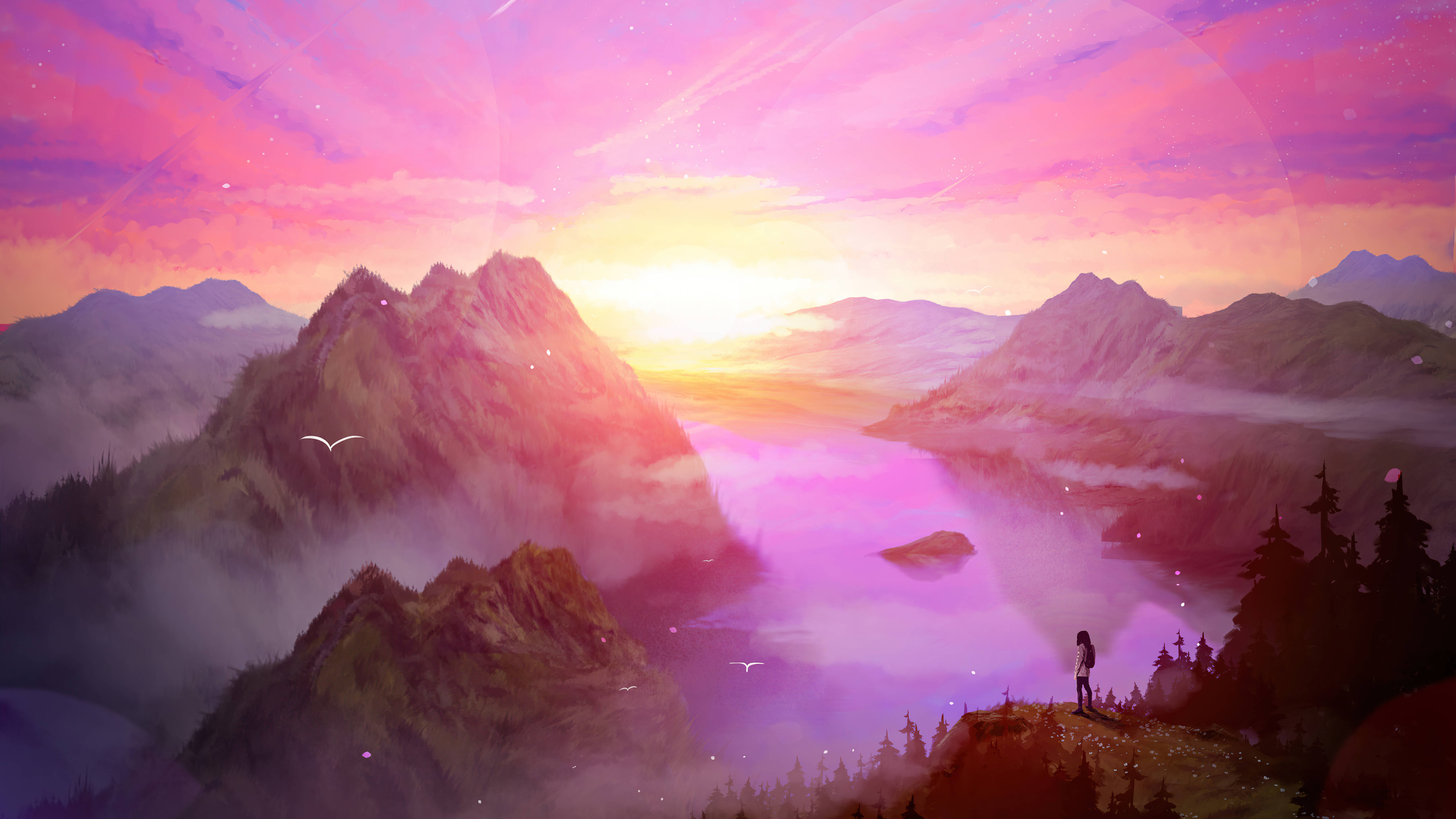 Mountain Pink Sunrise 4K PC, pink purple and gold skies, misty valley, 5K Desktop Wallpaper