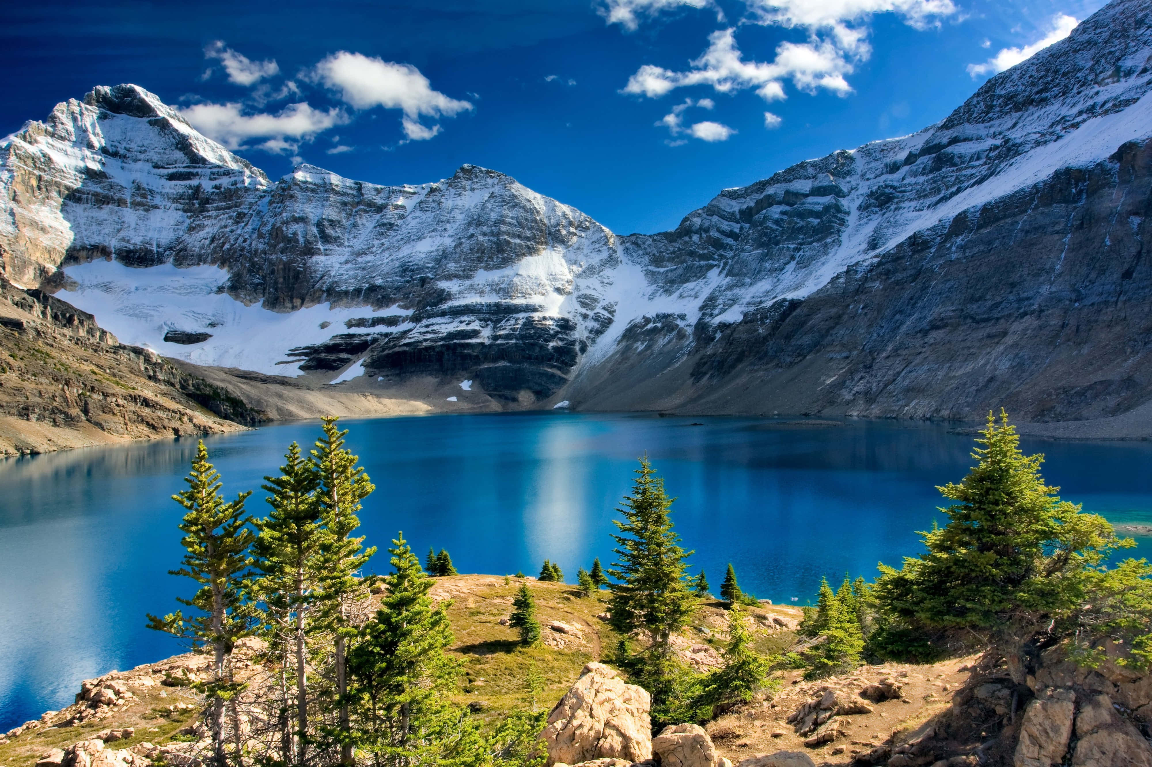 4K Mountain, alpine lake, snowcapped peaks, 4K Desktop Wallpaper