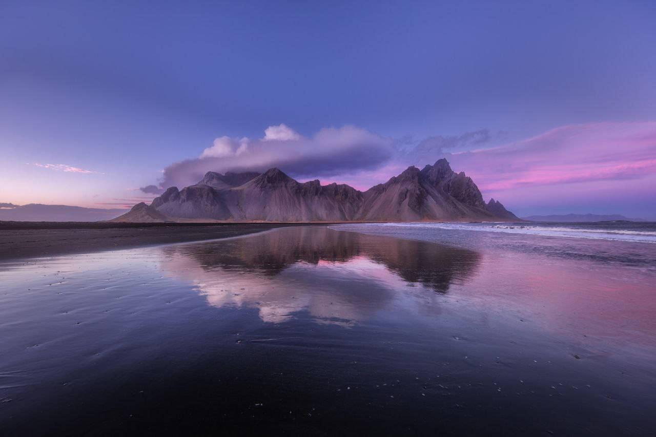 majestic mountain, black sand beach, twilight sky, HD Desktop Wallpaper