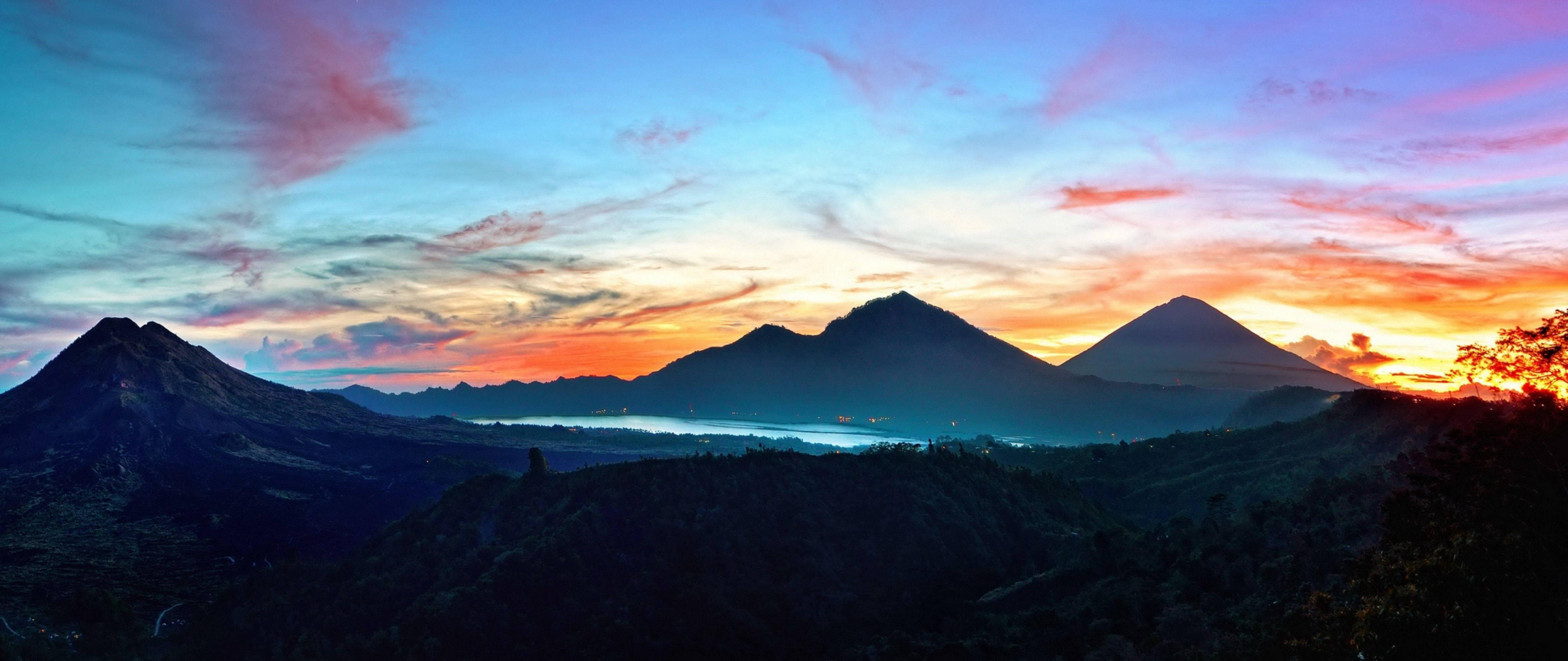 volcanic peaks, fiery sunset sky, misty lake, 5K Desktop Wallpaper
