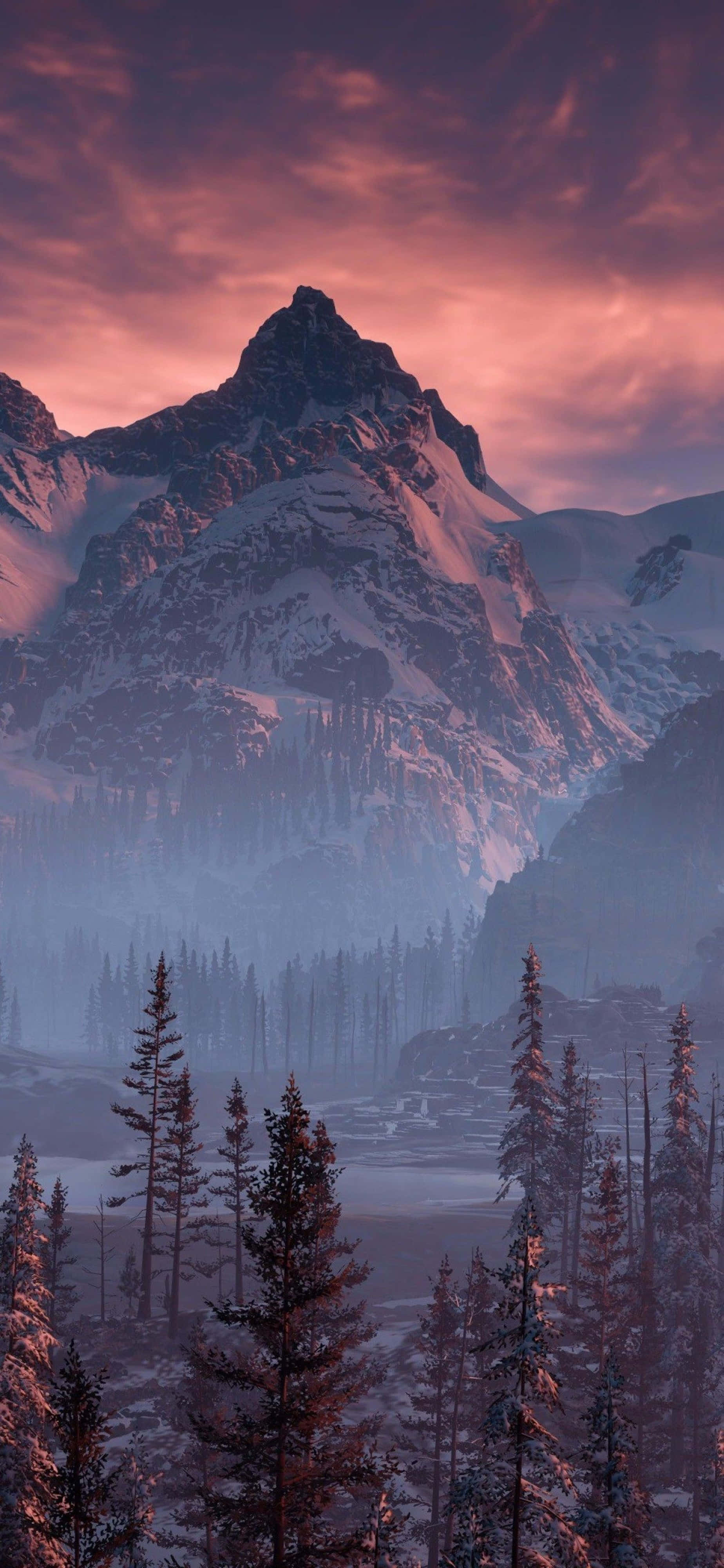 4K Nature iPhone Mountain, snowcapped mountain peak, fiery pink and purple sunset sky, 4K Phone Wallpaper