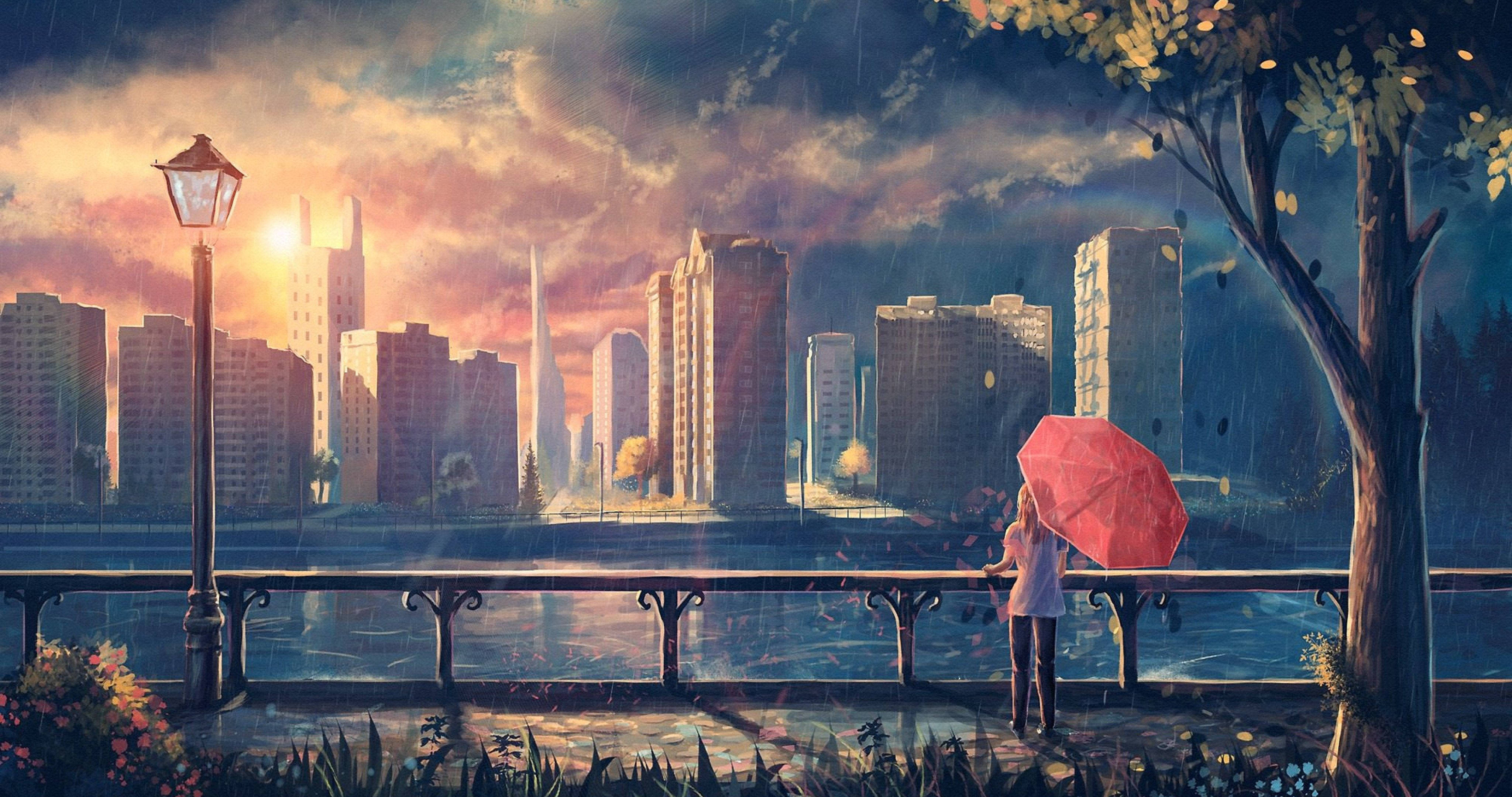 4K Moving, red umbrella, rainy riverside railing, 4K Desktop Wallpaper