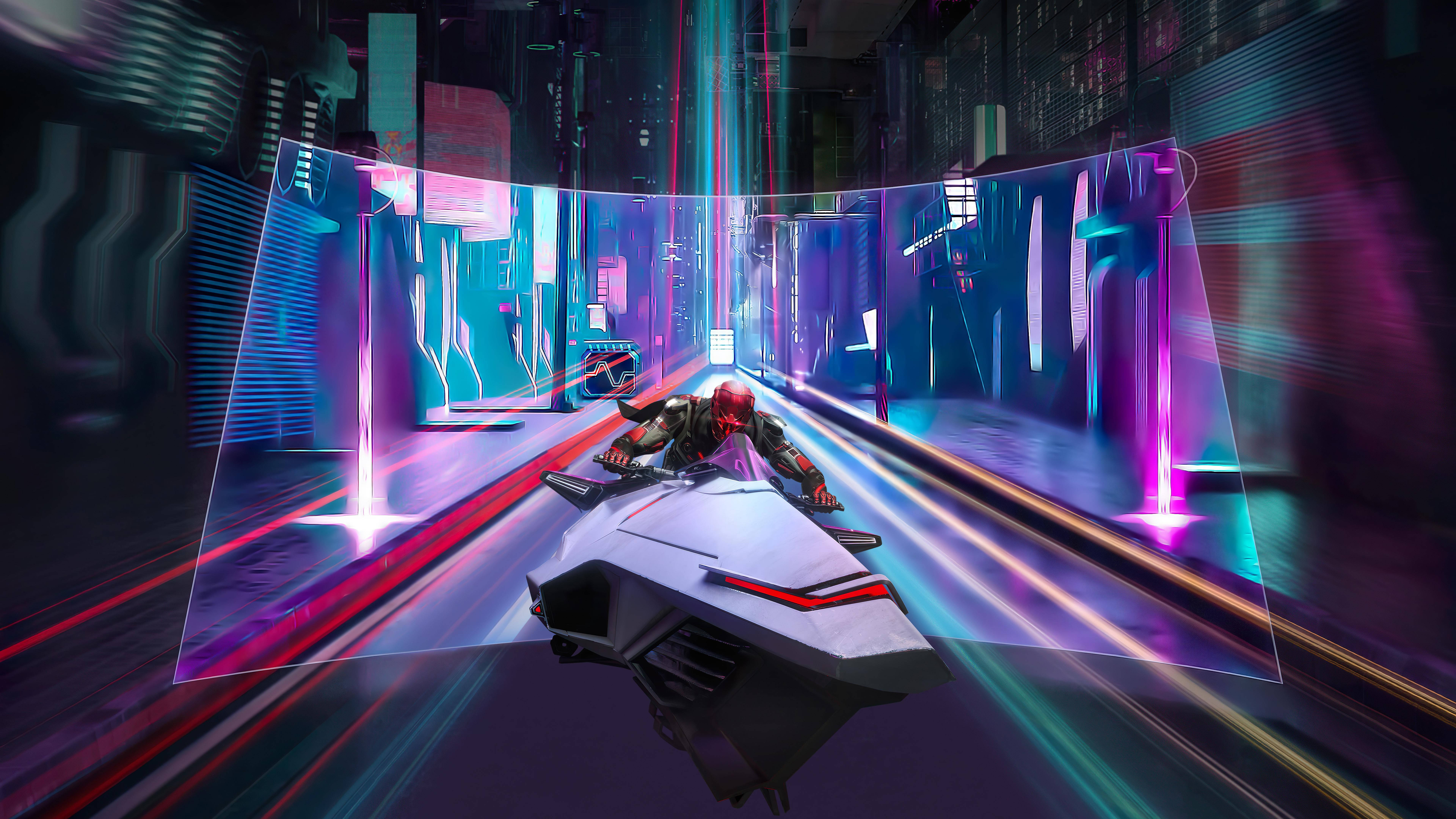 4K Moving Street Racer Desktop, neon-drenched cyberpunk tunnel, red helmet, 8K Desktop Wallpaper