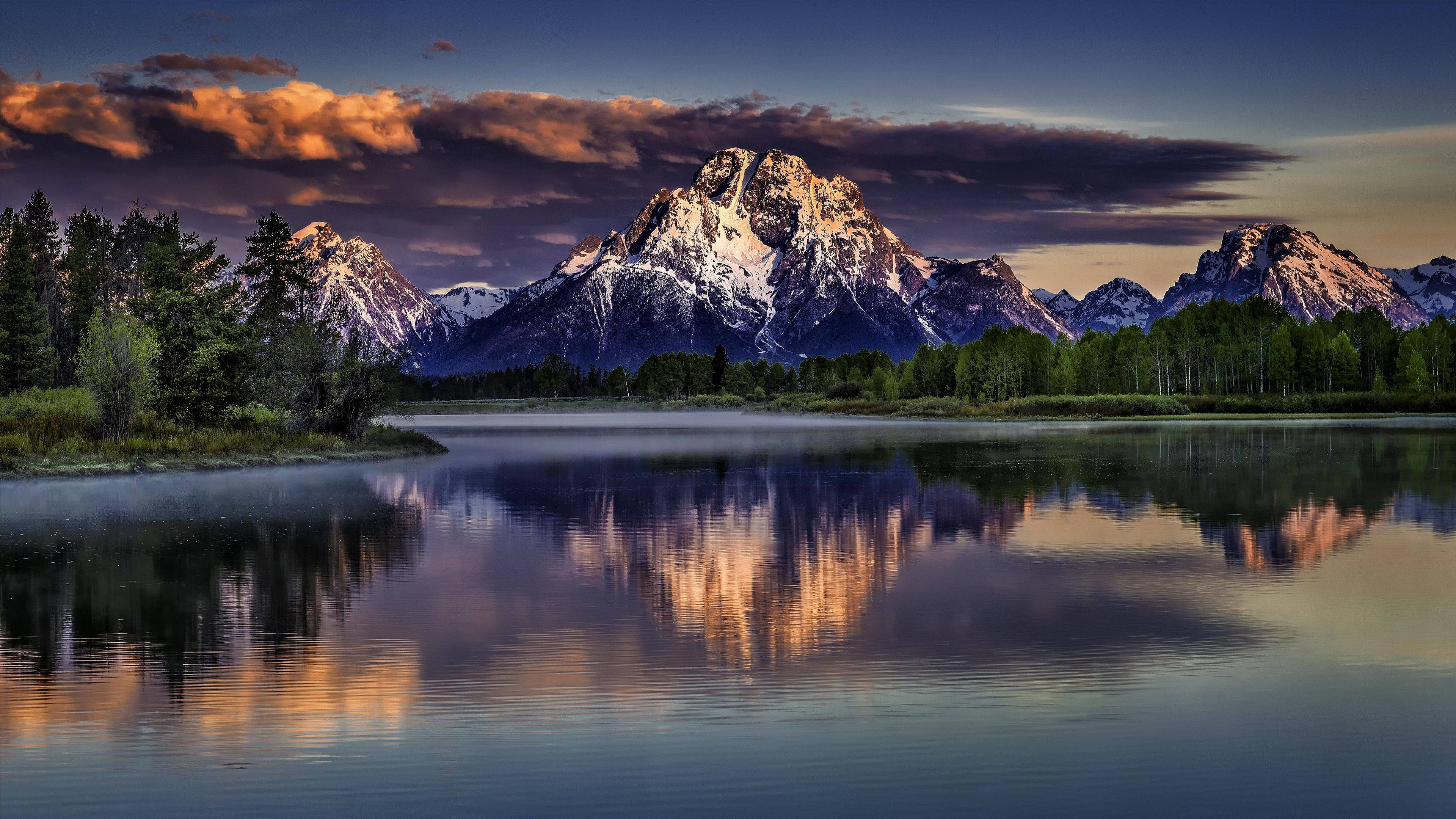 snowcapped mountains, calm waters, dramatic twilight sky, 4K Desktop Wallpaper