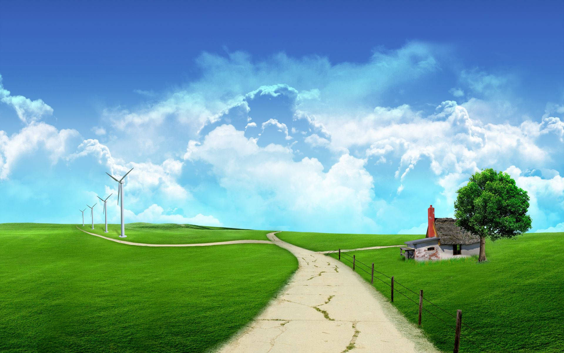 4K Nature Windmills, rustic cottage, vibrant blue sky, Full HD Desktop Wallpaper