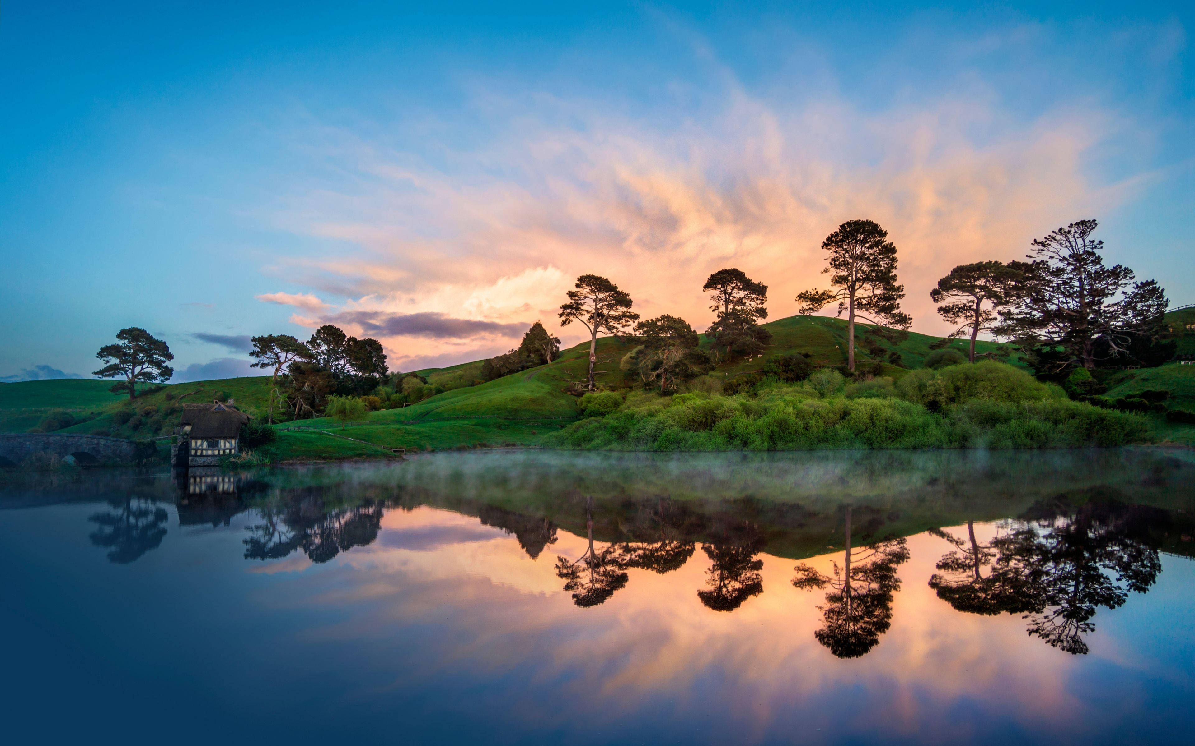 4K Nature, misty lake, vibrant sunset sky, 4K Desktop Wallpaper