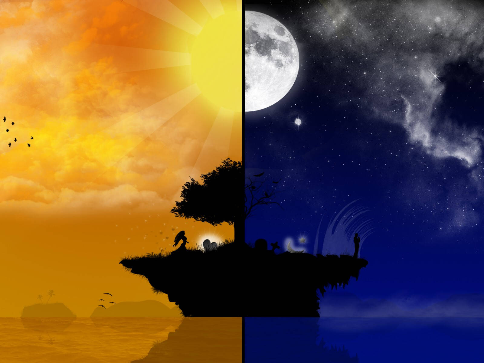 4K Nature, floating island, sunlit orange sky, HD Desktop Wallpaper
