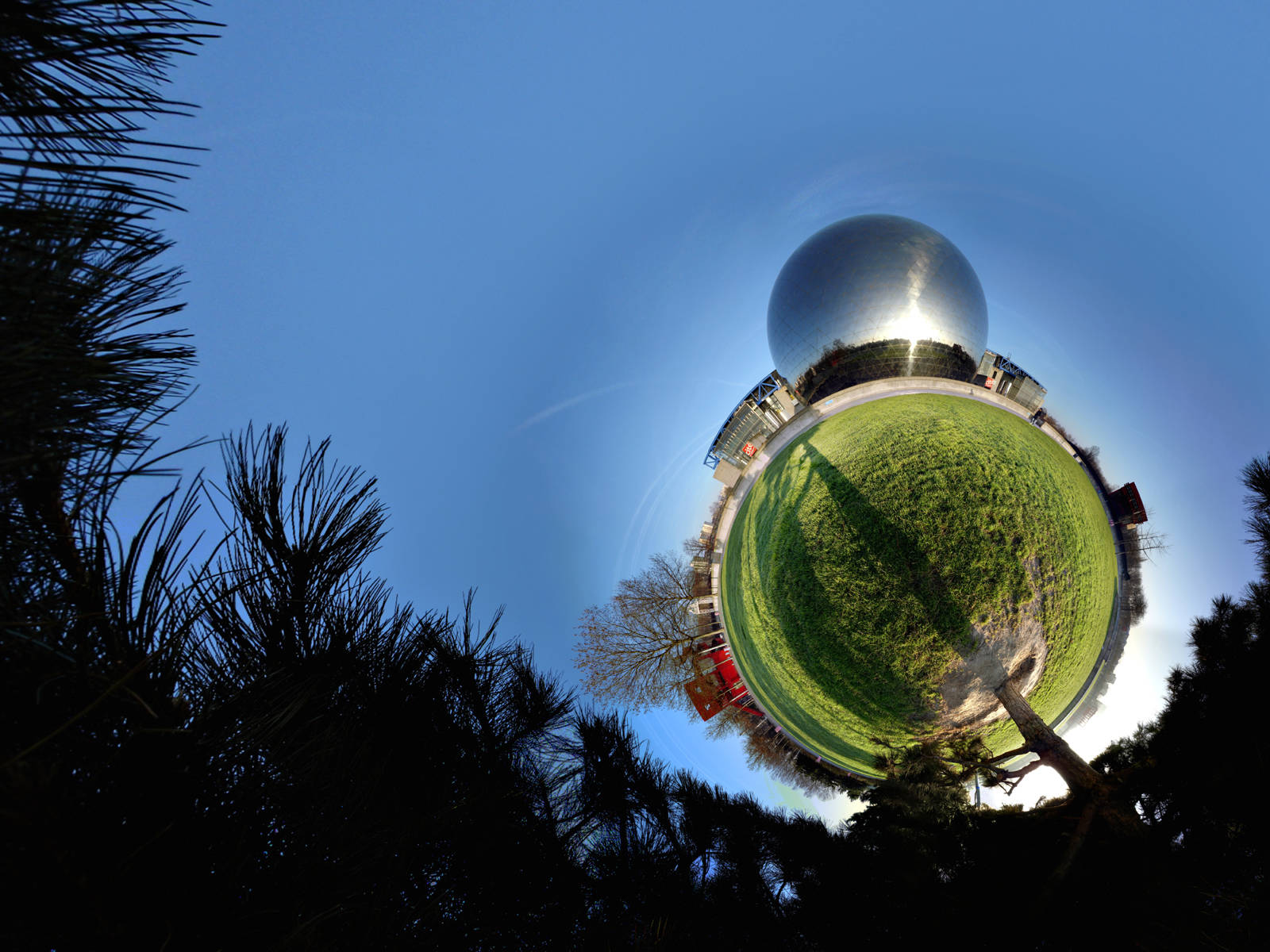 360-degree fisheye view, shiny silver dome, green lawn, HD Desktop Wallpaper