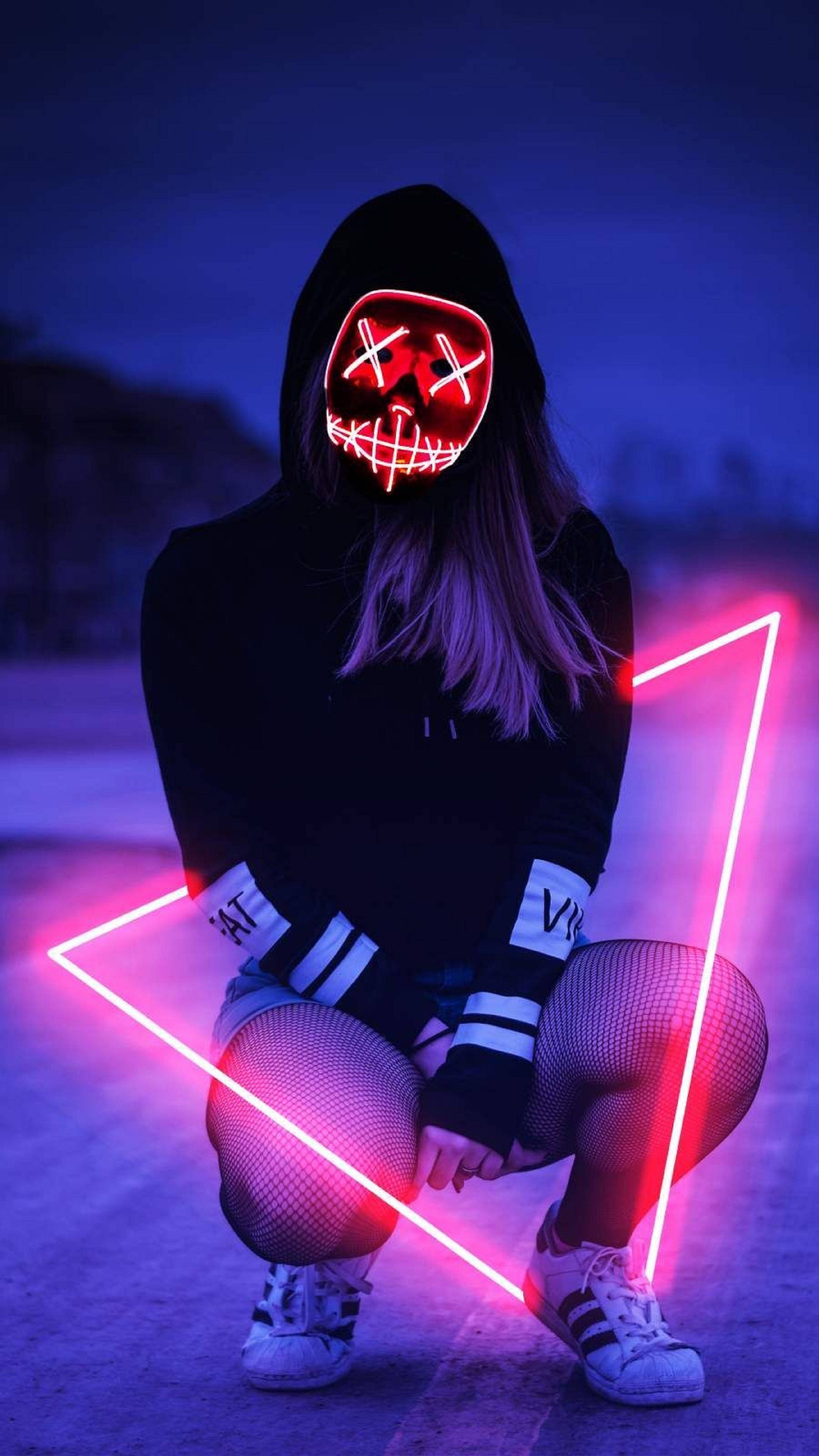 4K Neon iPhone, black hoodie, glowing pink neon triangle, 4K Phone Wallpaper