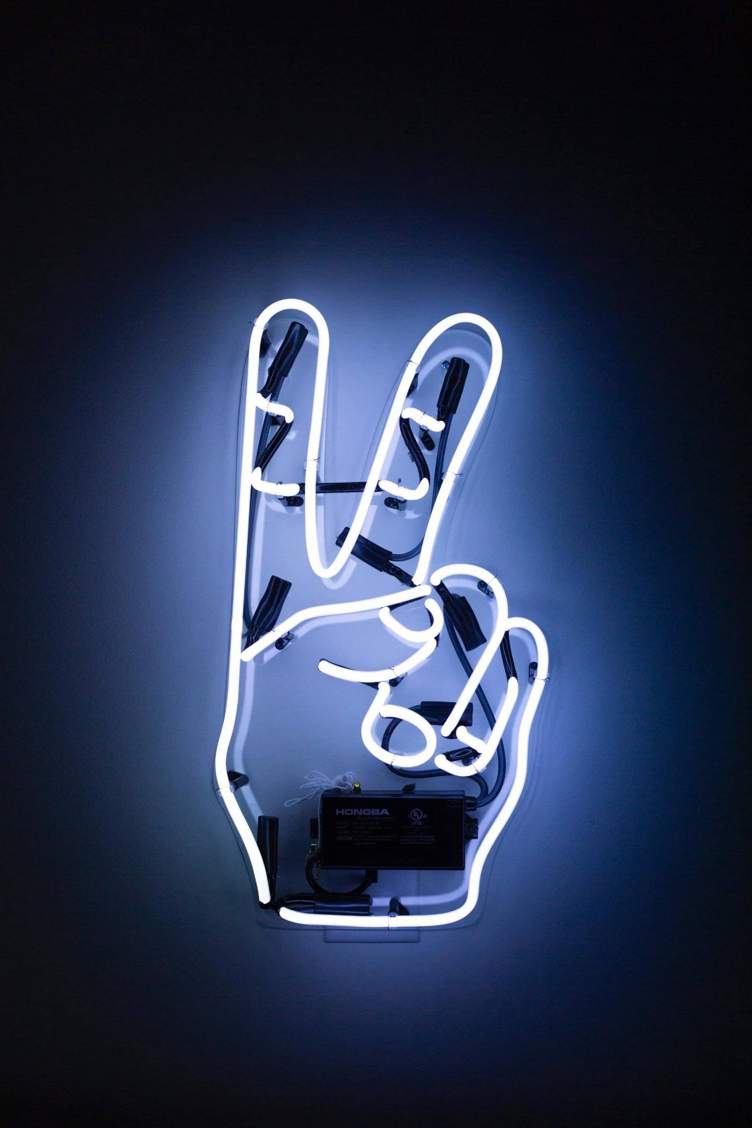 4K Neon iPhone, peace sign, glowing white neon, 4K Phone Wallpaper