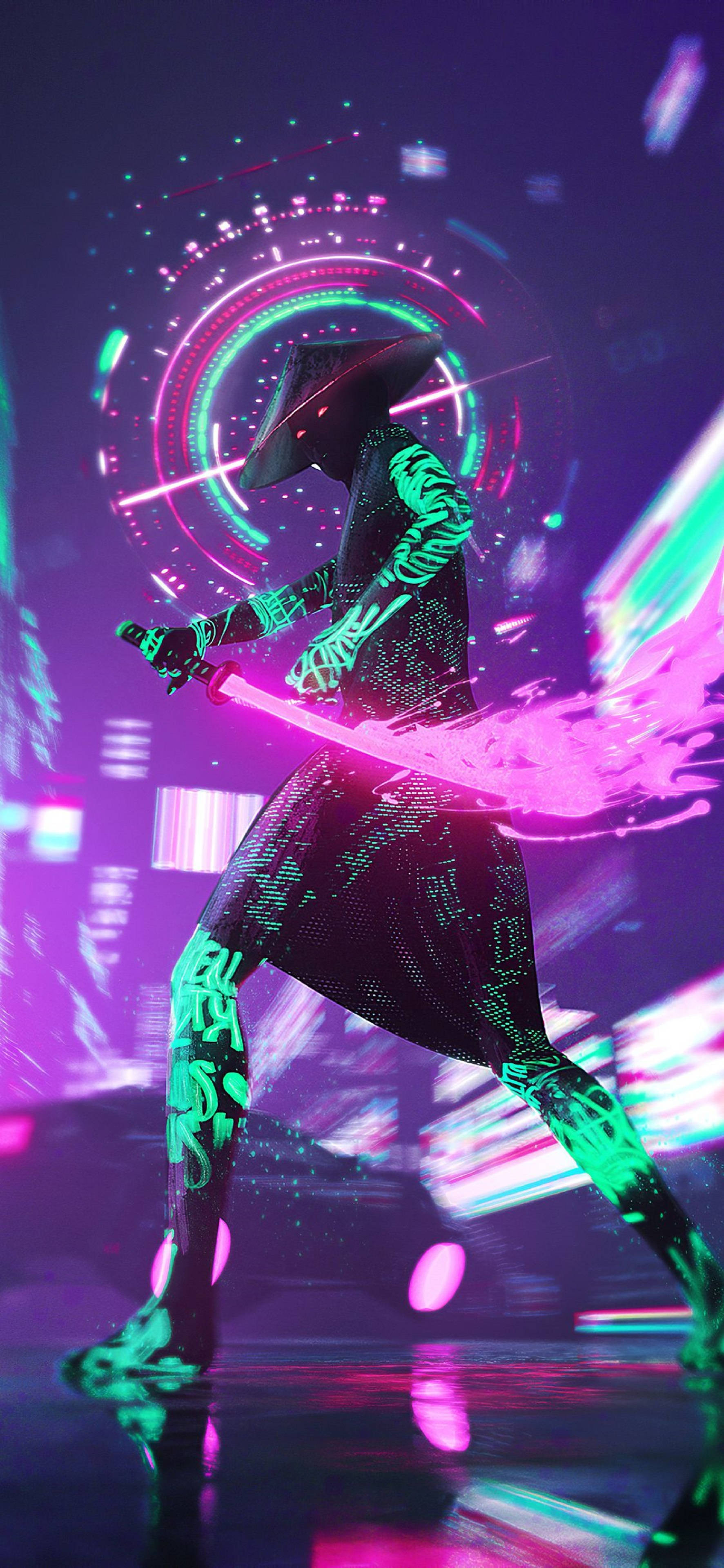 4K Neon iPhone, cyberpunk, neon-lit, 4K Phone Wallpaper