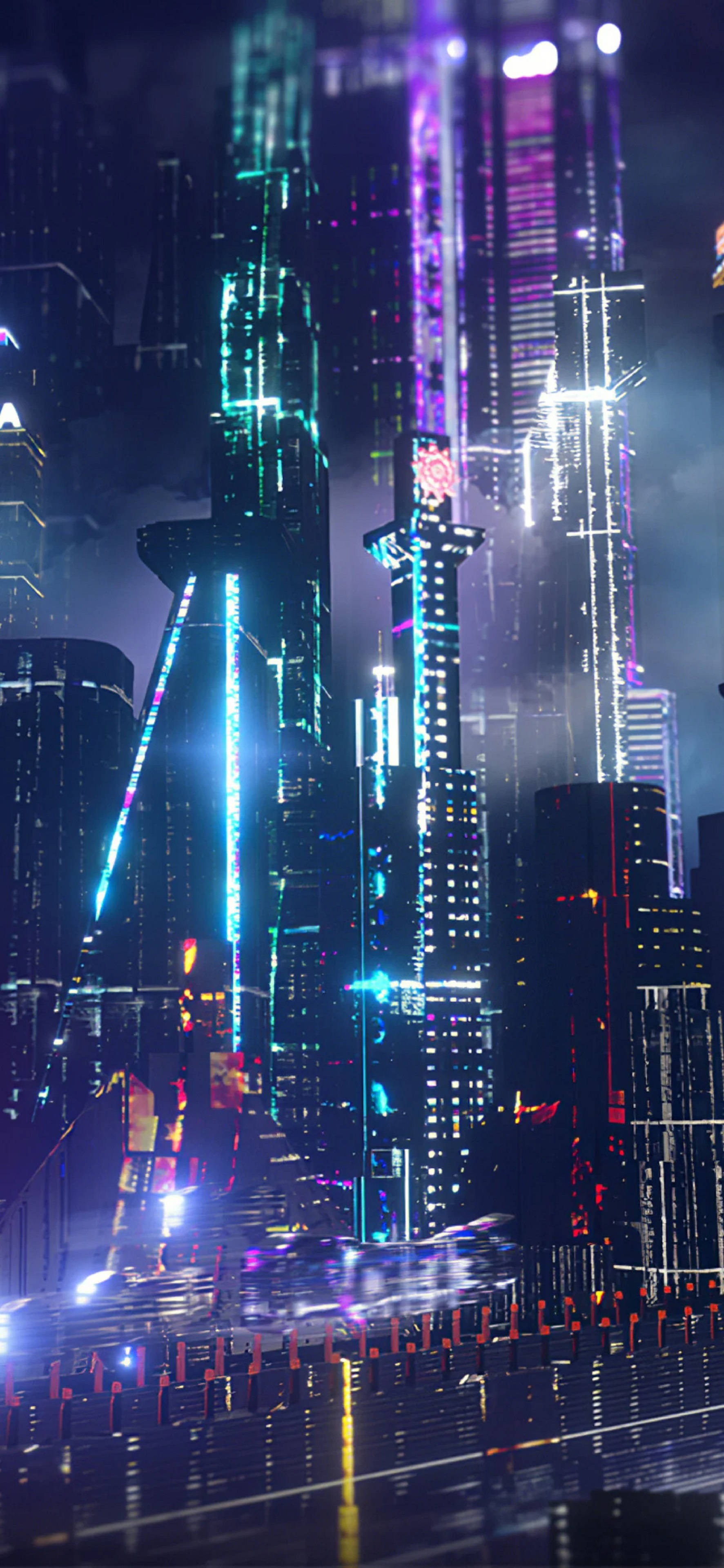 4K Neon iPhone, Neon City Buildings, electric blue, 4K Phone Wallpaper