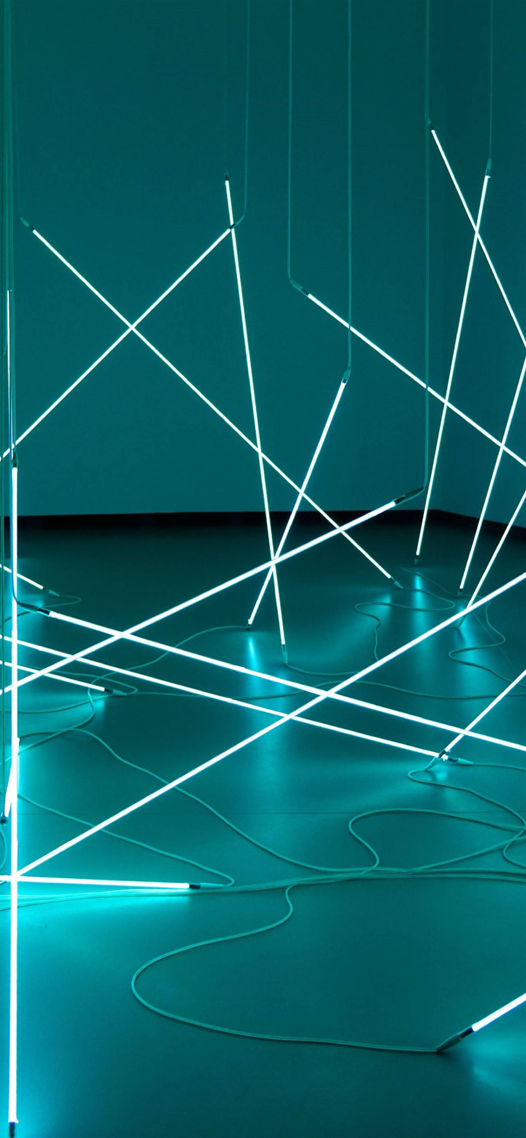 4K Neon iPhone, white neon tubes, teal-lit room, 4K Phone Wallpaper