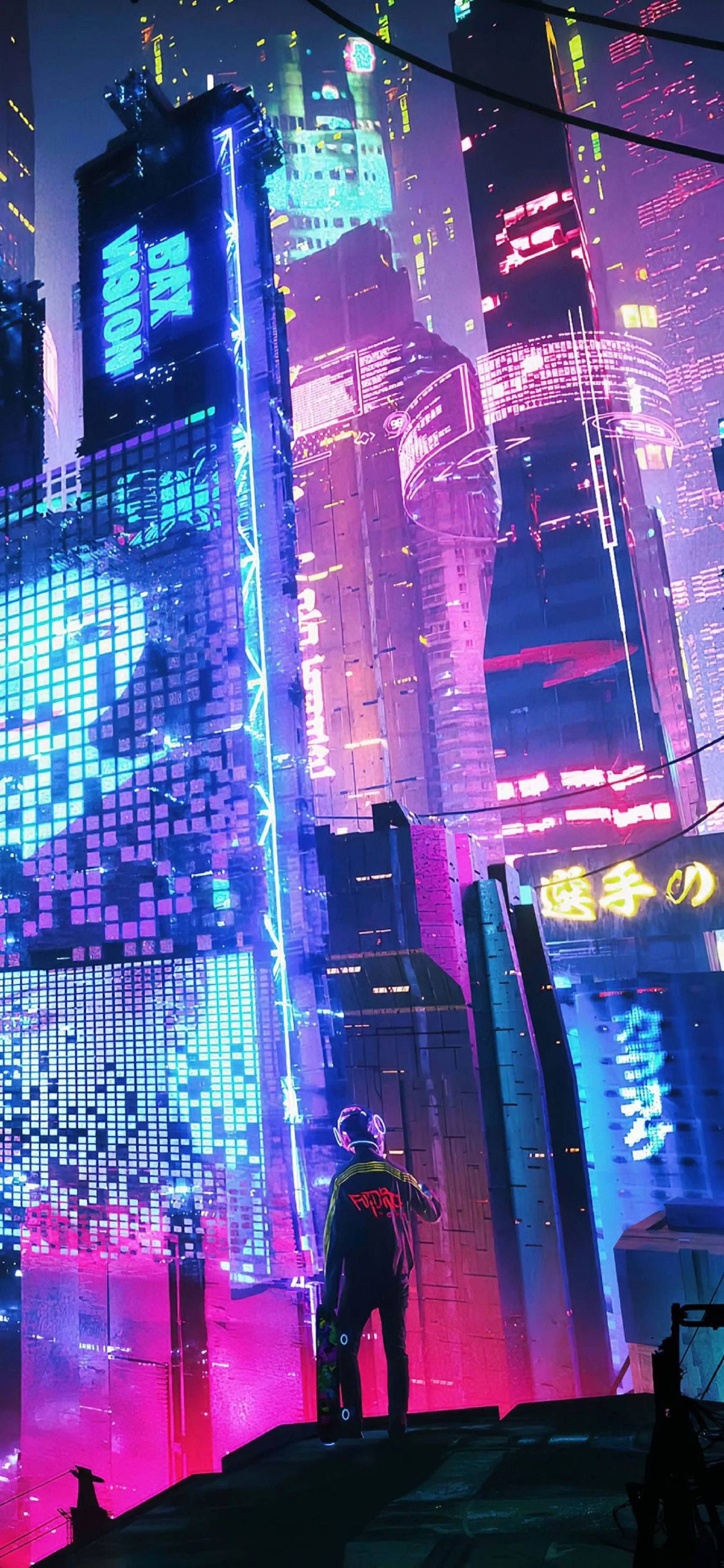 4K Neon iPhone, neon-drenched cyberpunk cityscape, rooftop, 4K Phone Wallpaper