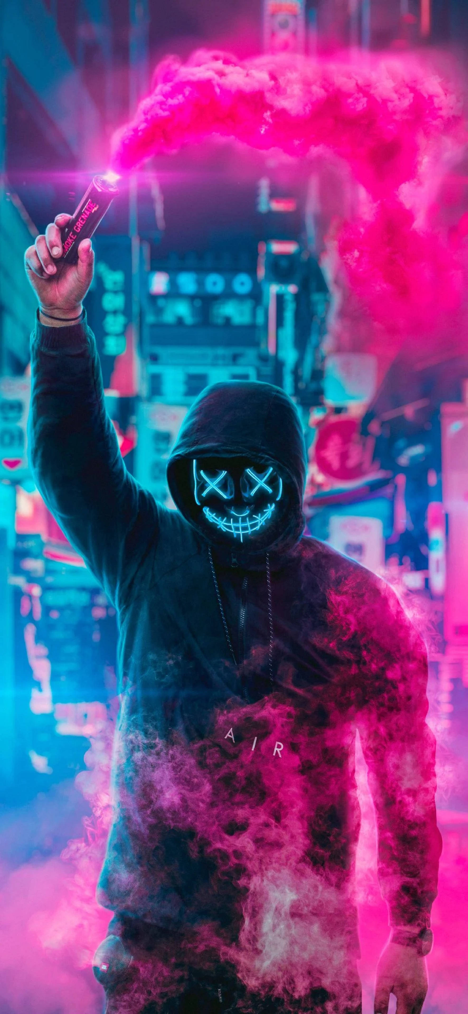 4K Neon iPhone, masked man, pink smoke flare, 4K Phone Wallpaper