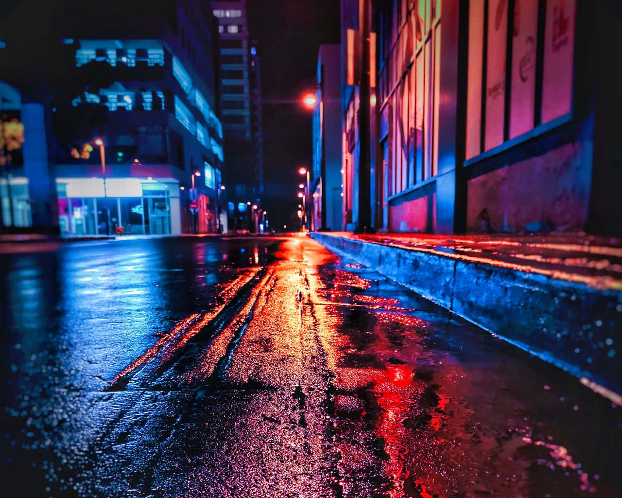 neon-drenched urban street, night, vibrant red and blue lights, HD Desktop Wallpaper