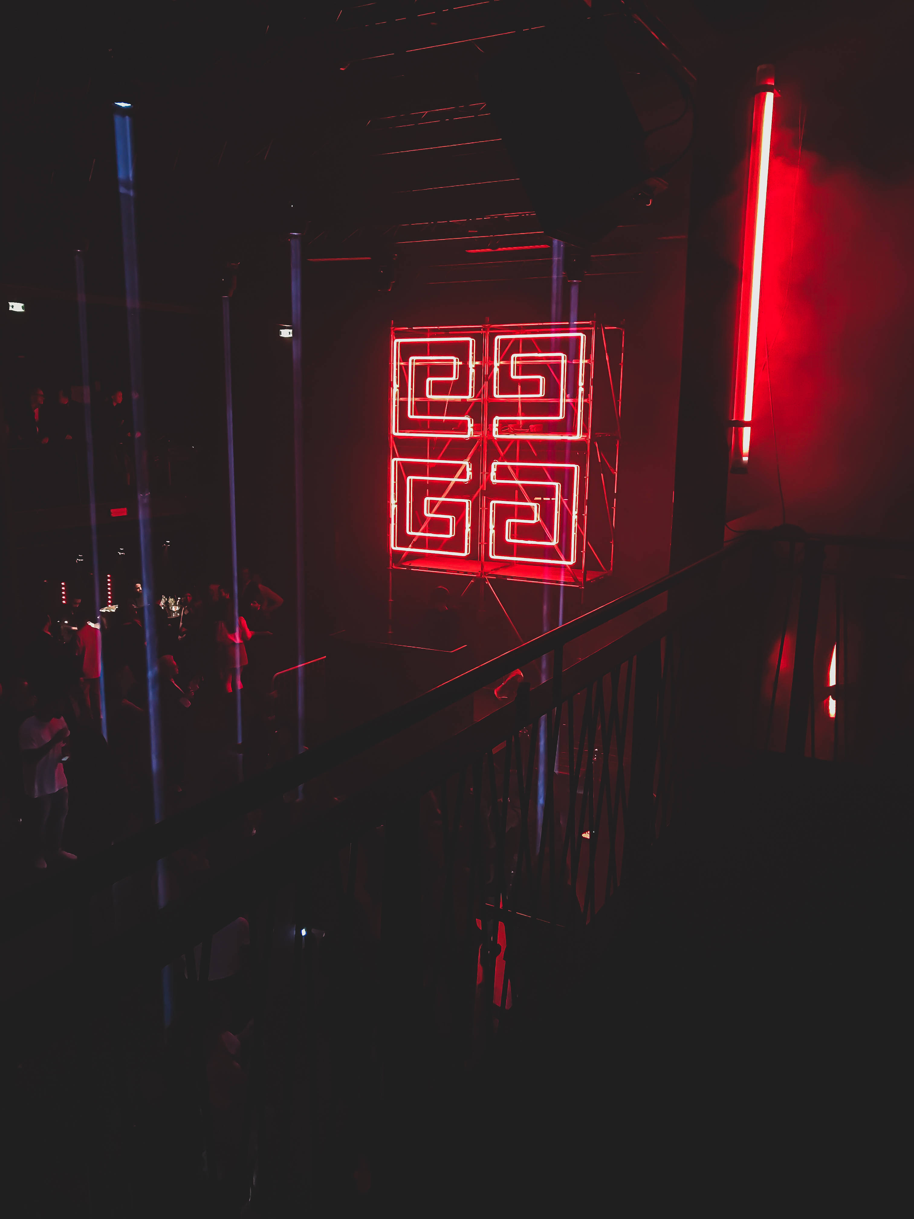 red neon sign, geometric patterns, dimly lit club, 4K Phone Wallpaper