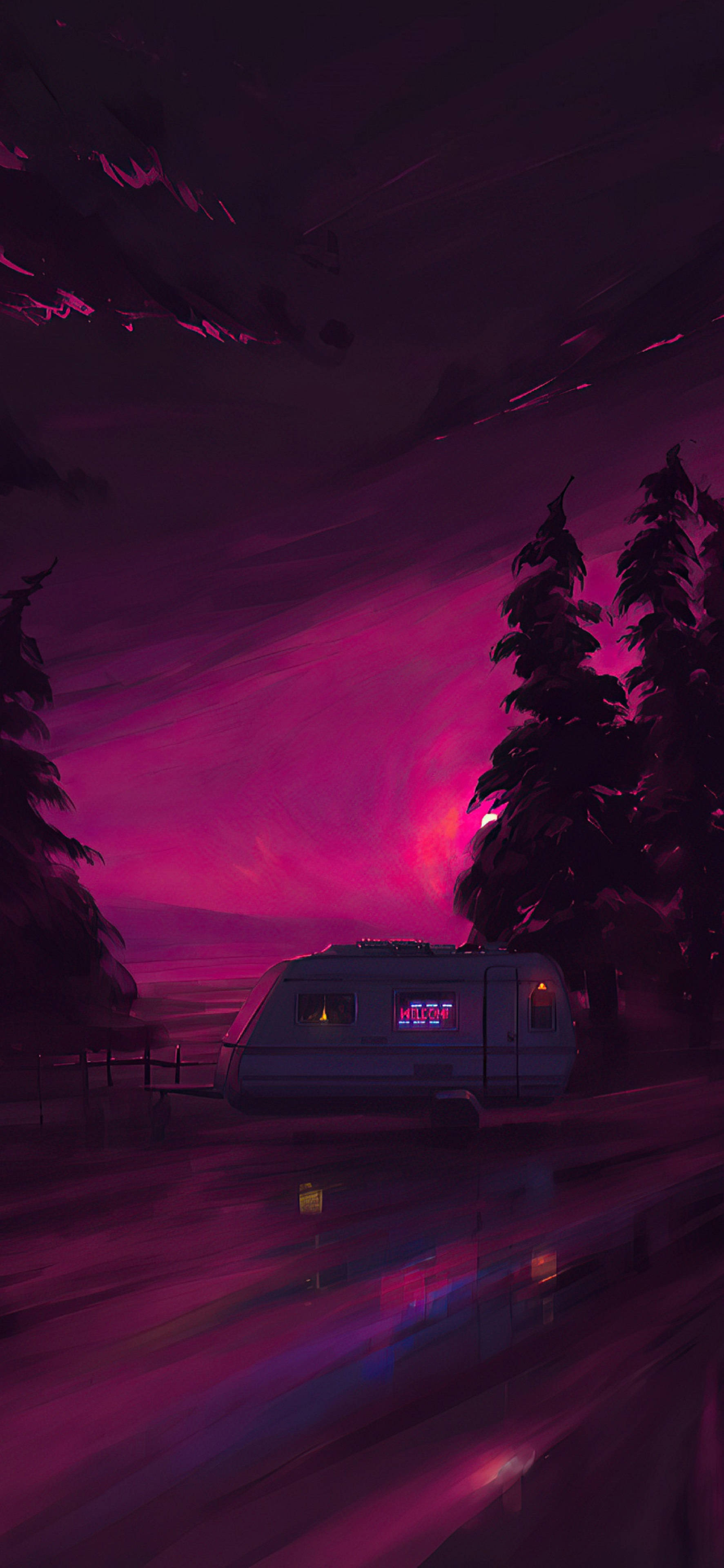 4K Neon iPhone, purple sky, camper van, 4K Phone Wallpaper