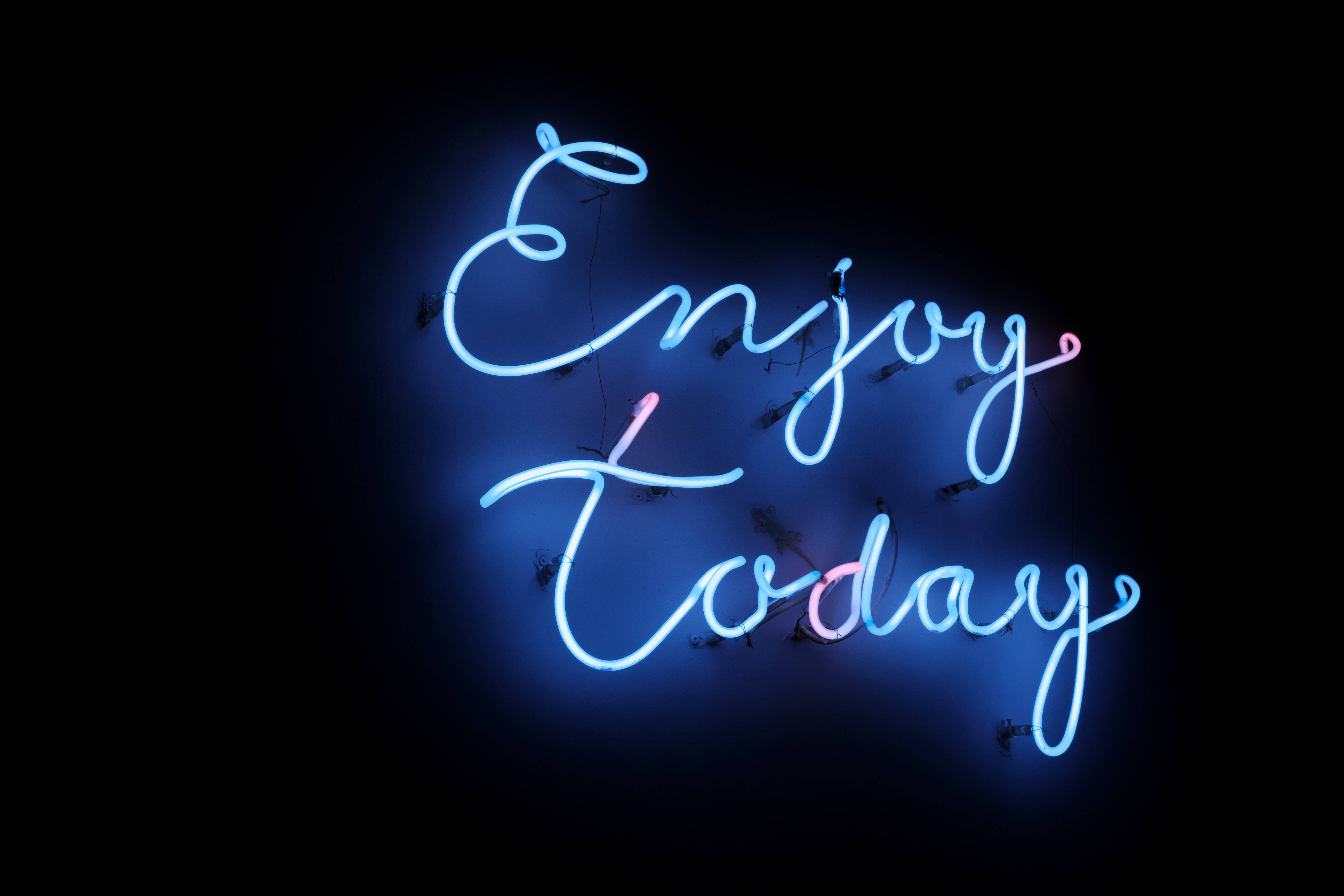 4K Neon, Enjoy Today, glowing blue, 5K Desktop Wallpaper