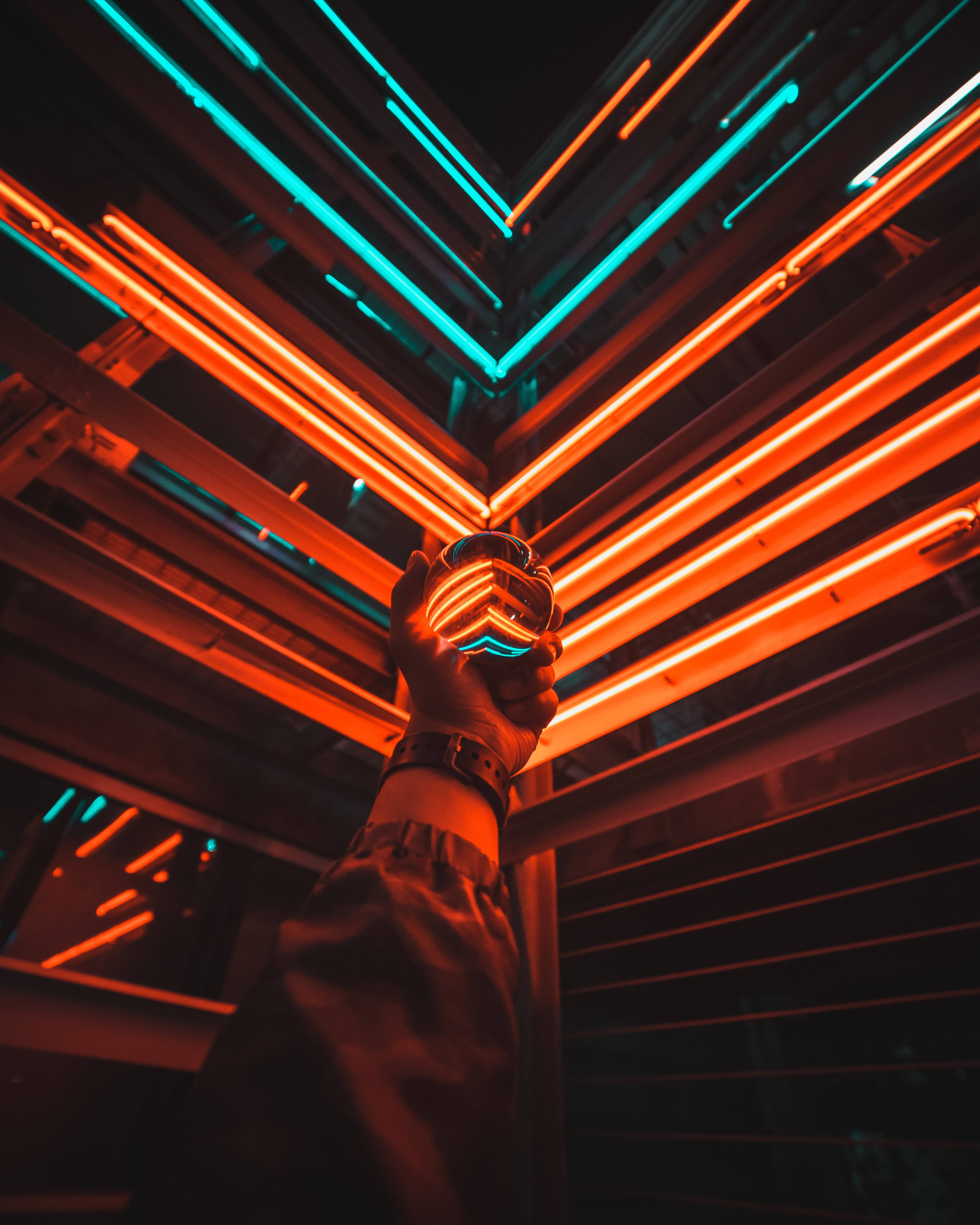 4K Neon Crystal Ball, glowing orb, orange and cyan neon tubes, 4K Phone Wallpaper
