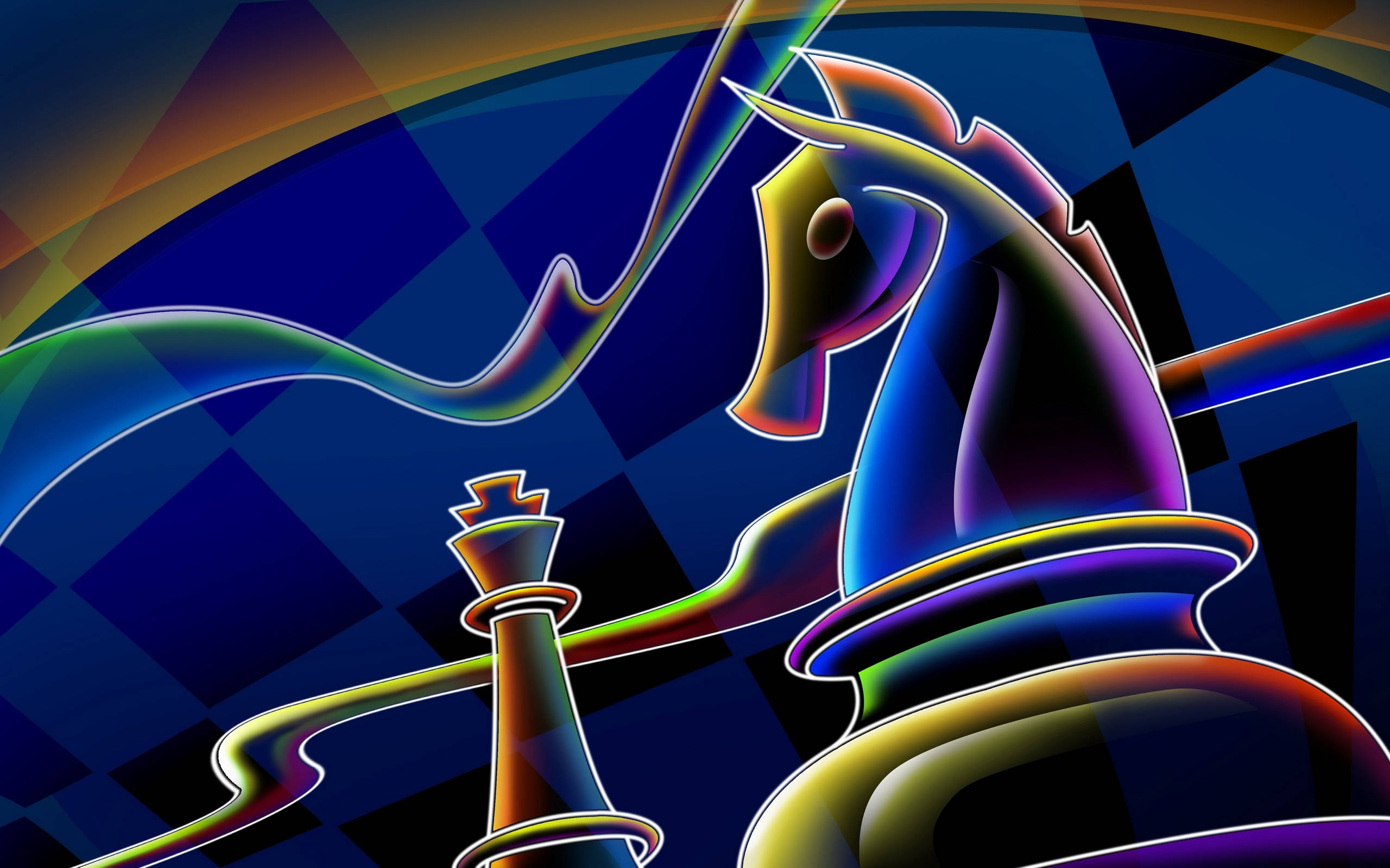 4K Neon Chess, rainbow outlines, dark blue checkered background, 2K Desktop Wallpaper