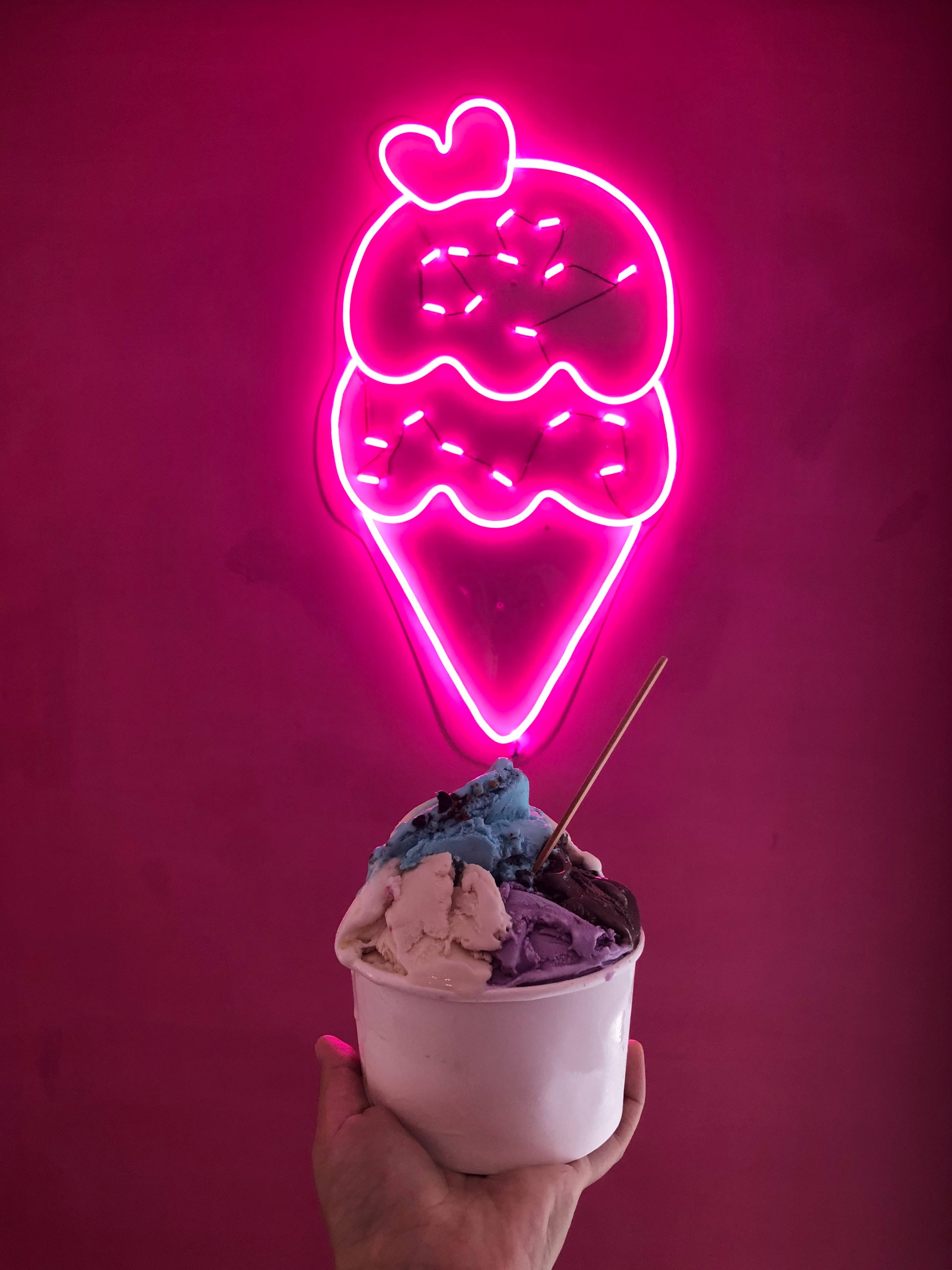 4K Neon Ice Cream, glowing pink neon sign, two-scoop cone, 4K Phone Wallpaper