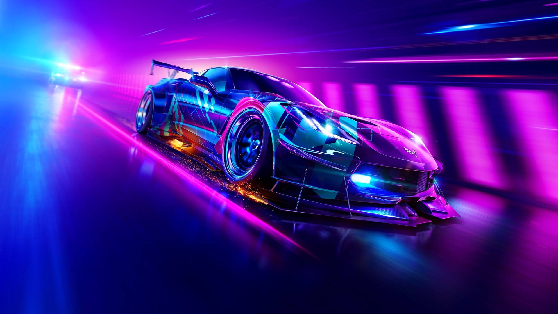 4K Neon Car, neon-drenched tunnel, electric blue, Full HD Desktop Wallpaper