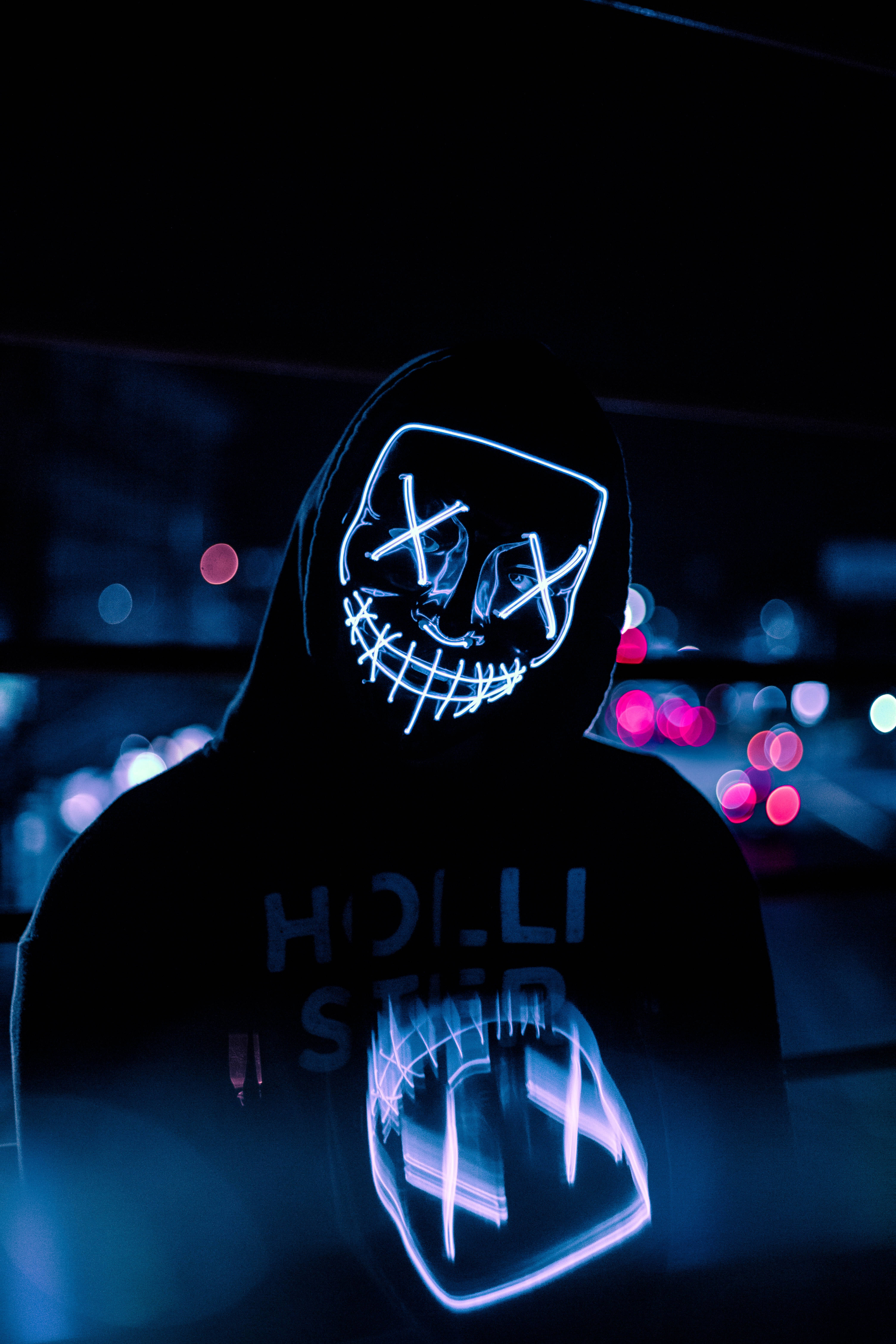 4K Neon Face, glowing blue LED mask, stitched eyes, 5K Phone Wallpaper