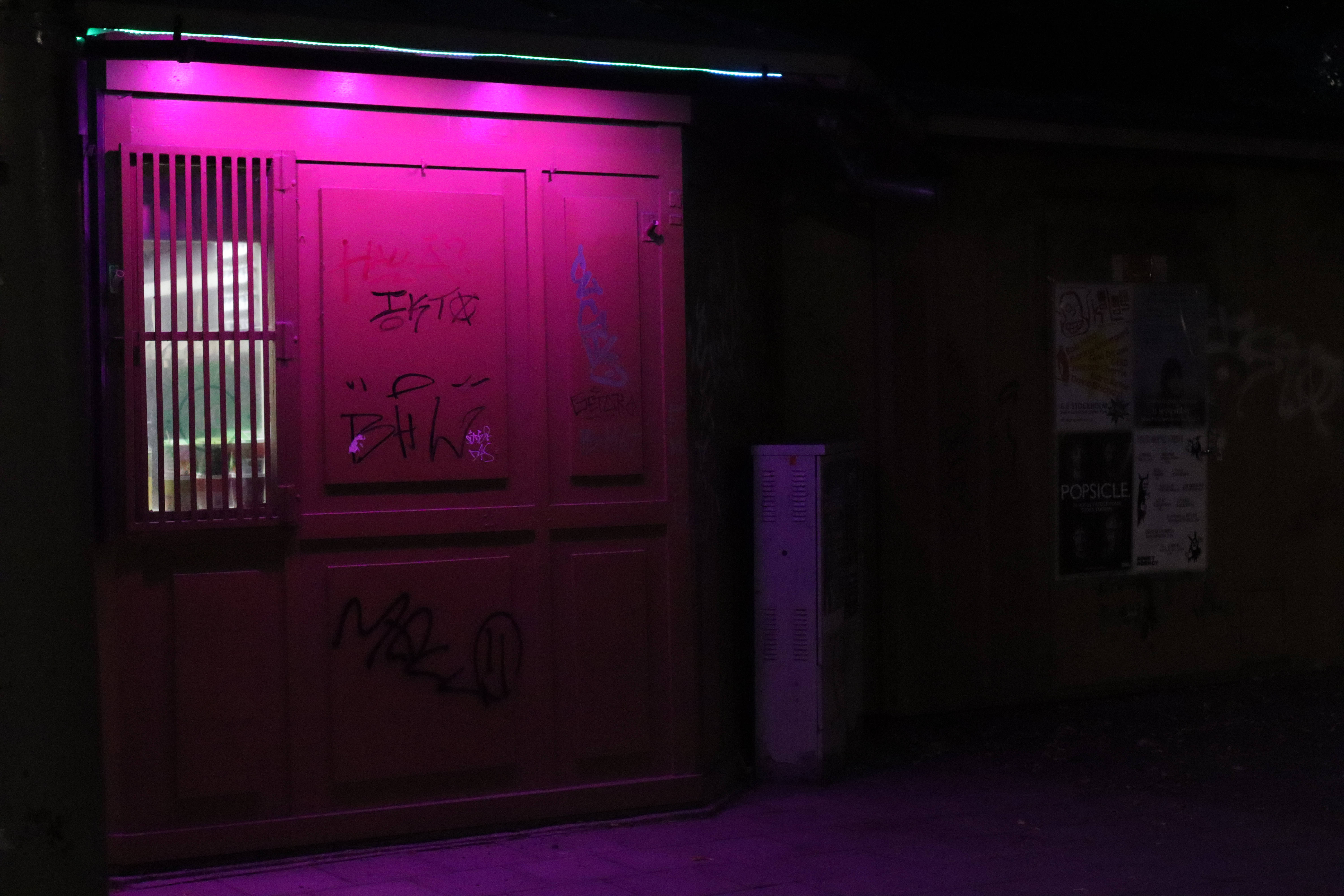 neon pink light, graffiti-covered door, night, 5K Desktop Wallpaper