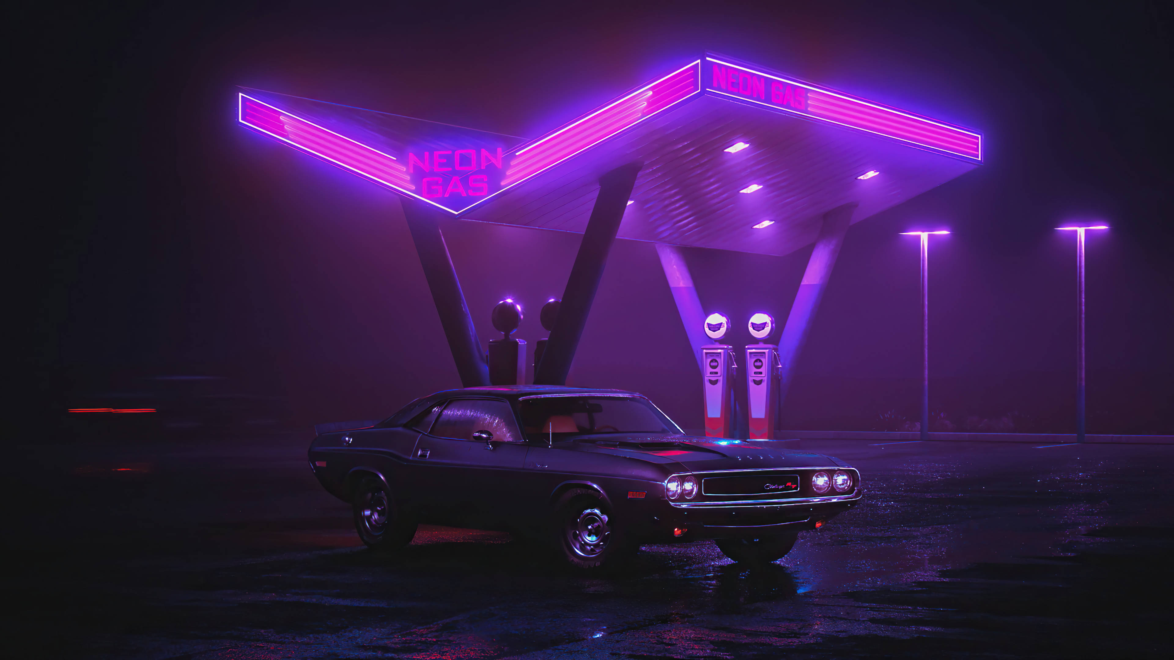 4K Neon, purple neon gas station canopy, night, 4K Desktop Wallpaper