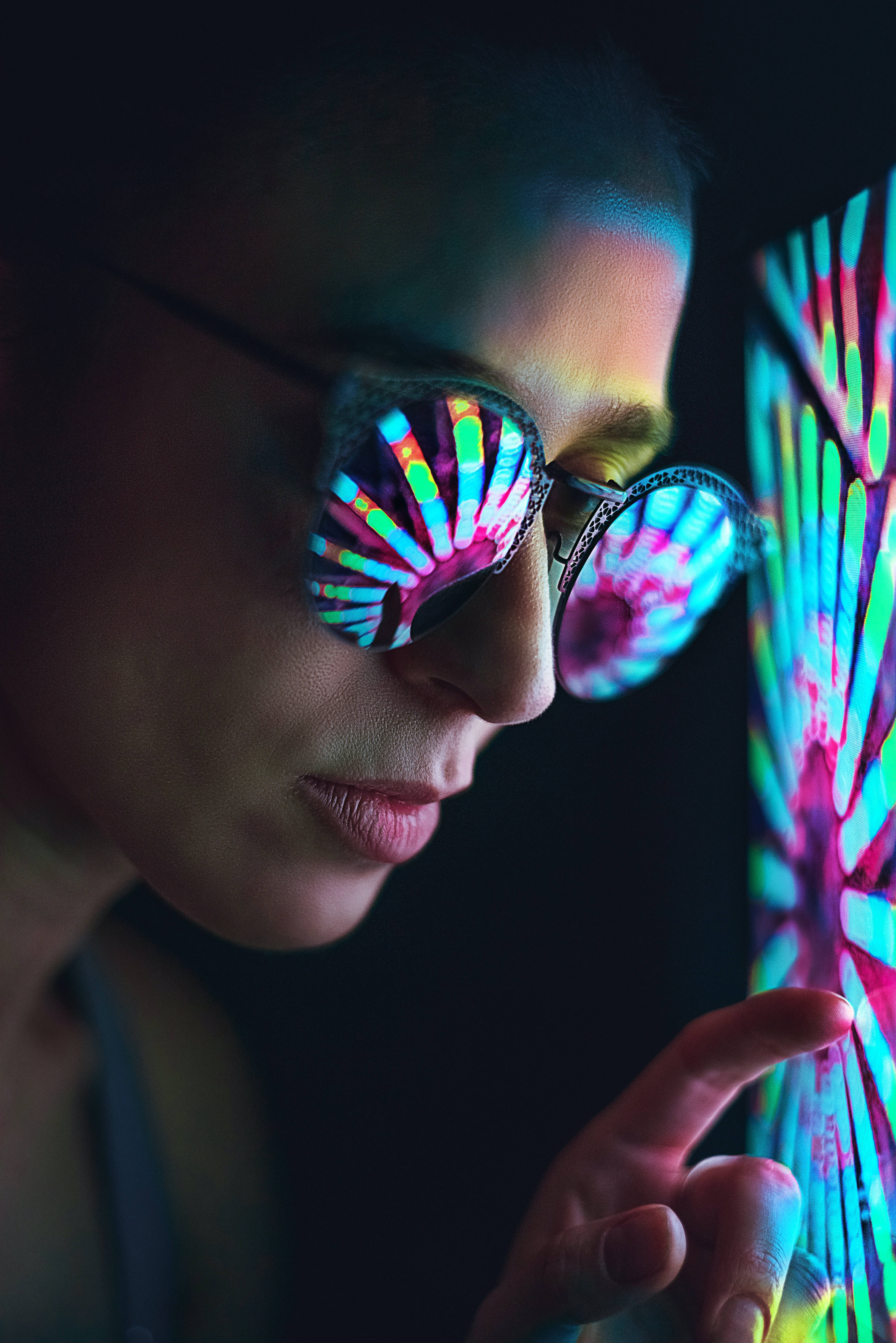 4K Neon Sunglasses, glowing psychedelic sunglasses, vibrant neon patterns, 5K Phone Wallpaper