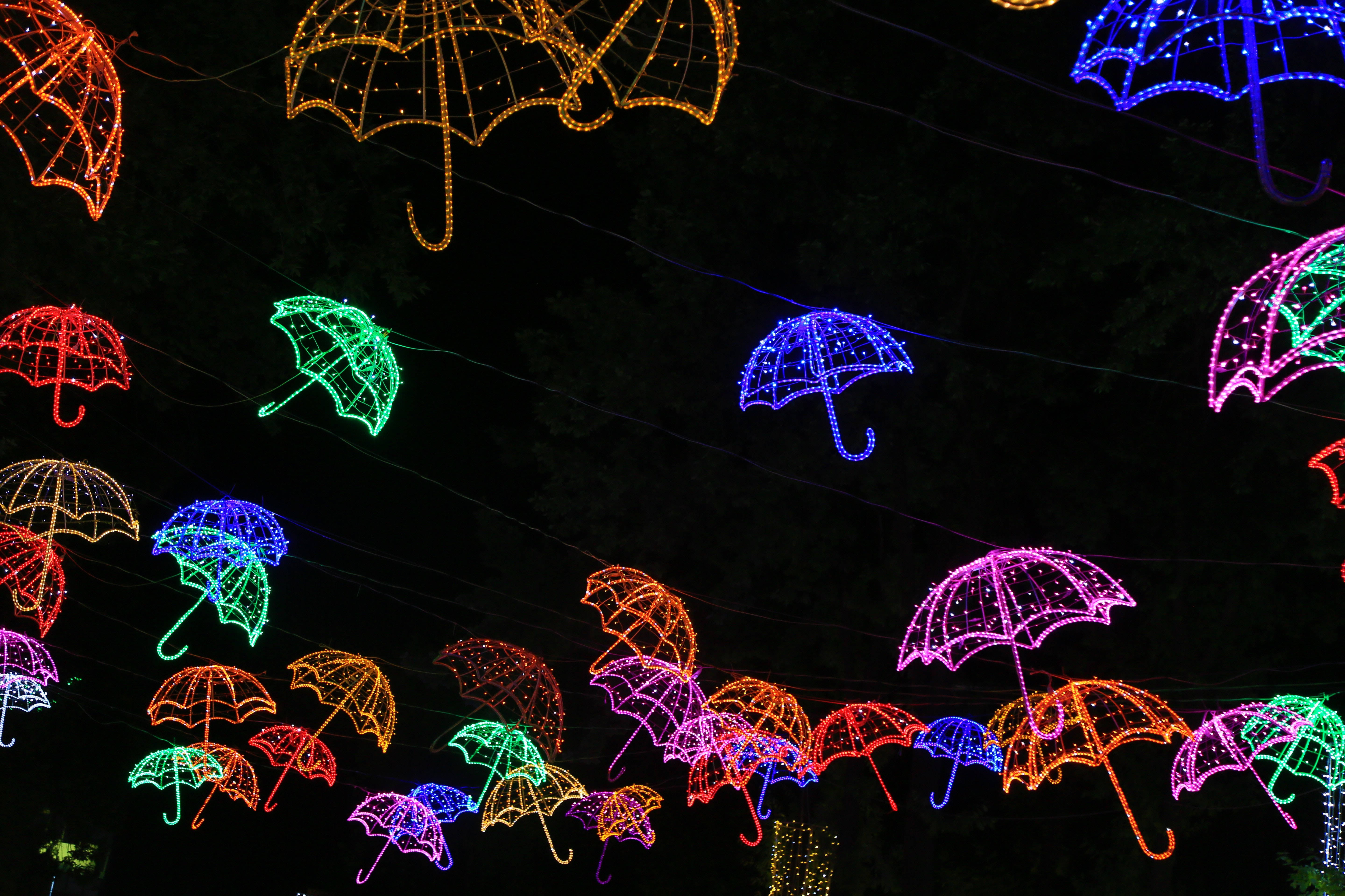 4K Neon Umbrellas, LED umbrellas, colorful LED, 5K Desktop Wallpaper