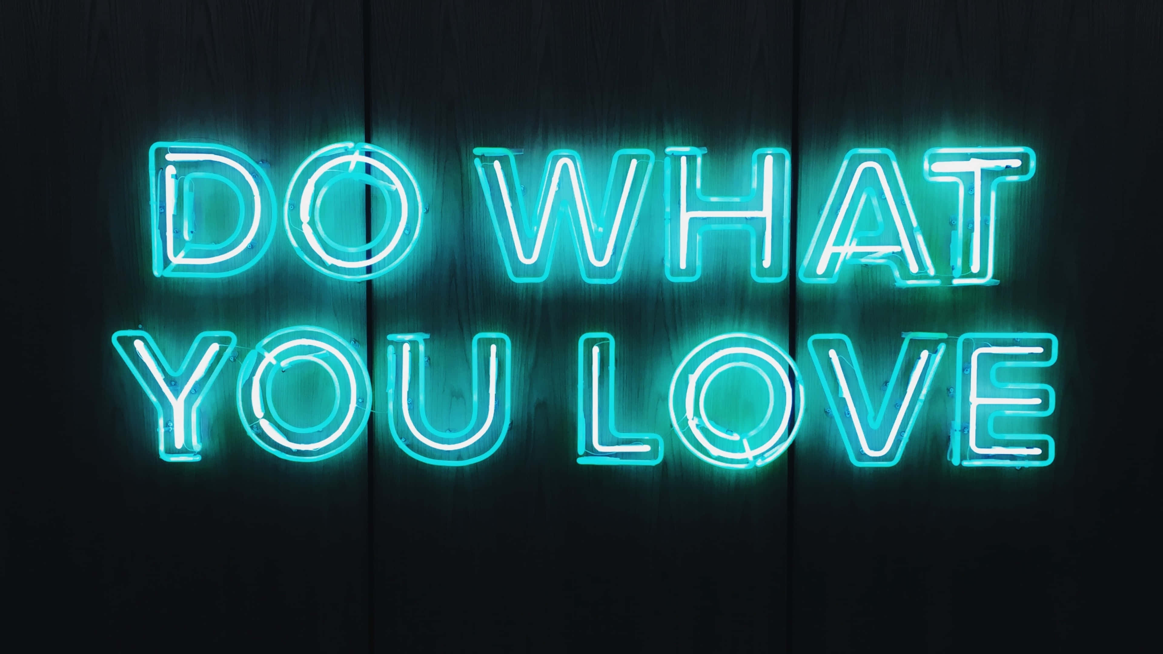 DO WHAT YOU LOVE, cyan neon sign, dark wooden wall, 4K Desktop Wallpaper