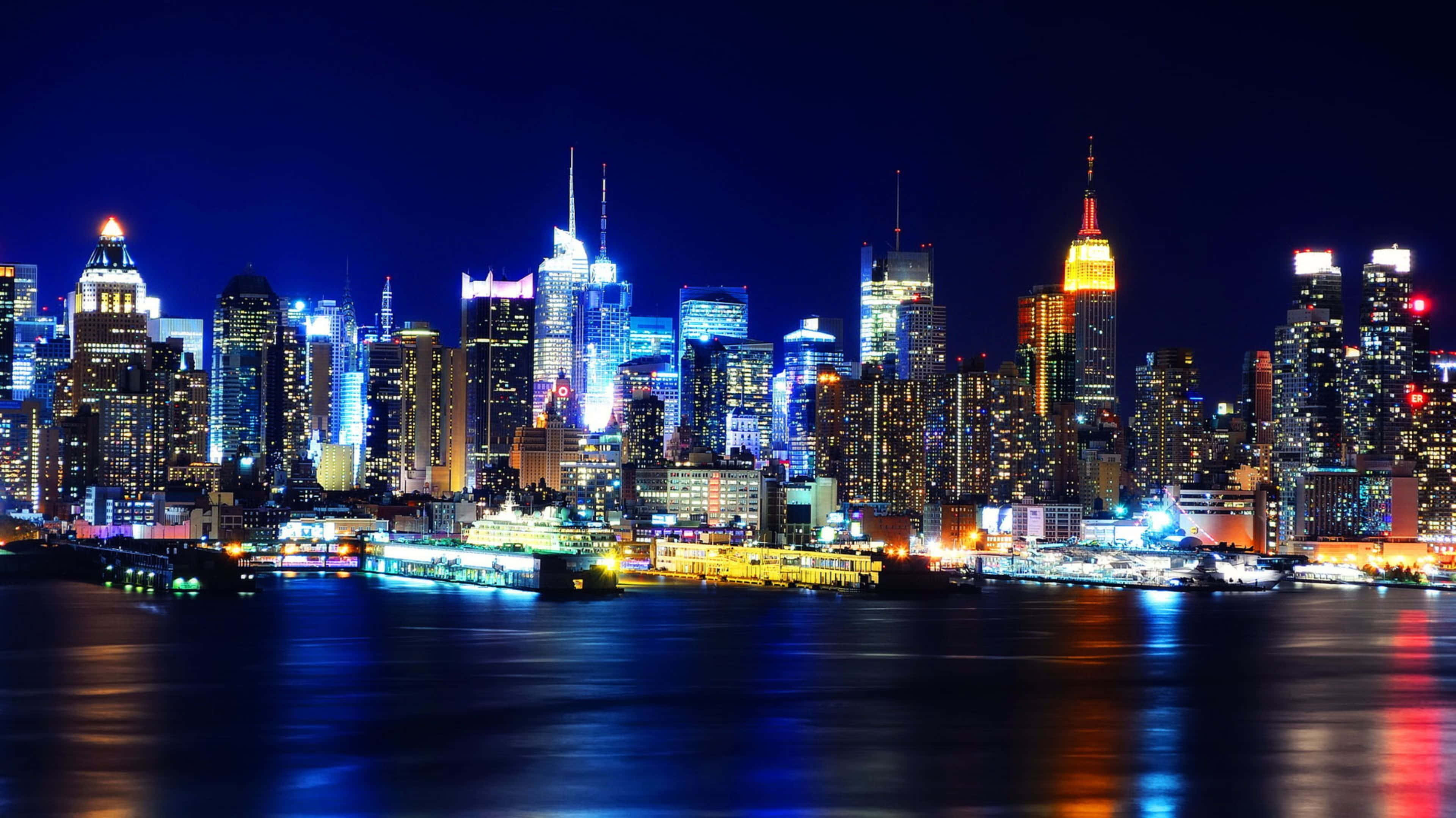 New York, skyscrapers, blue and gold lights, 4K Desktop Wallpaper