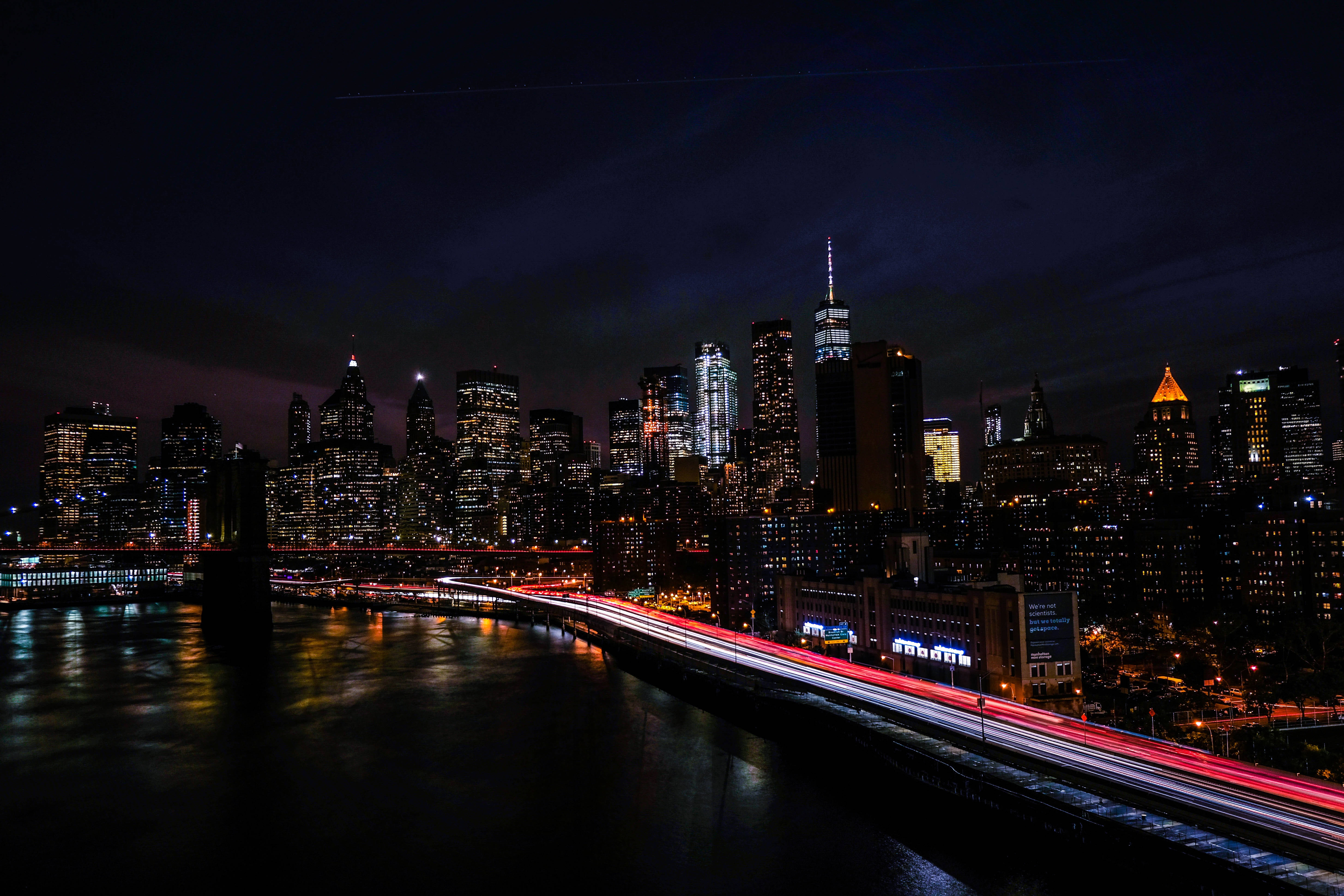 New York City, nighttime city skyline, bridge over water, 5K Desktop Wallpaper