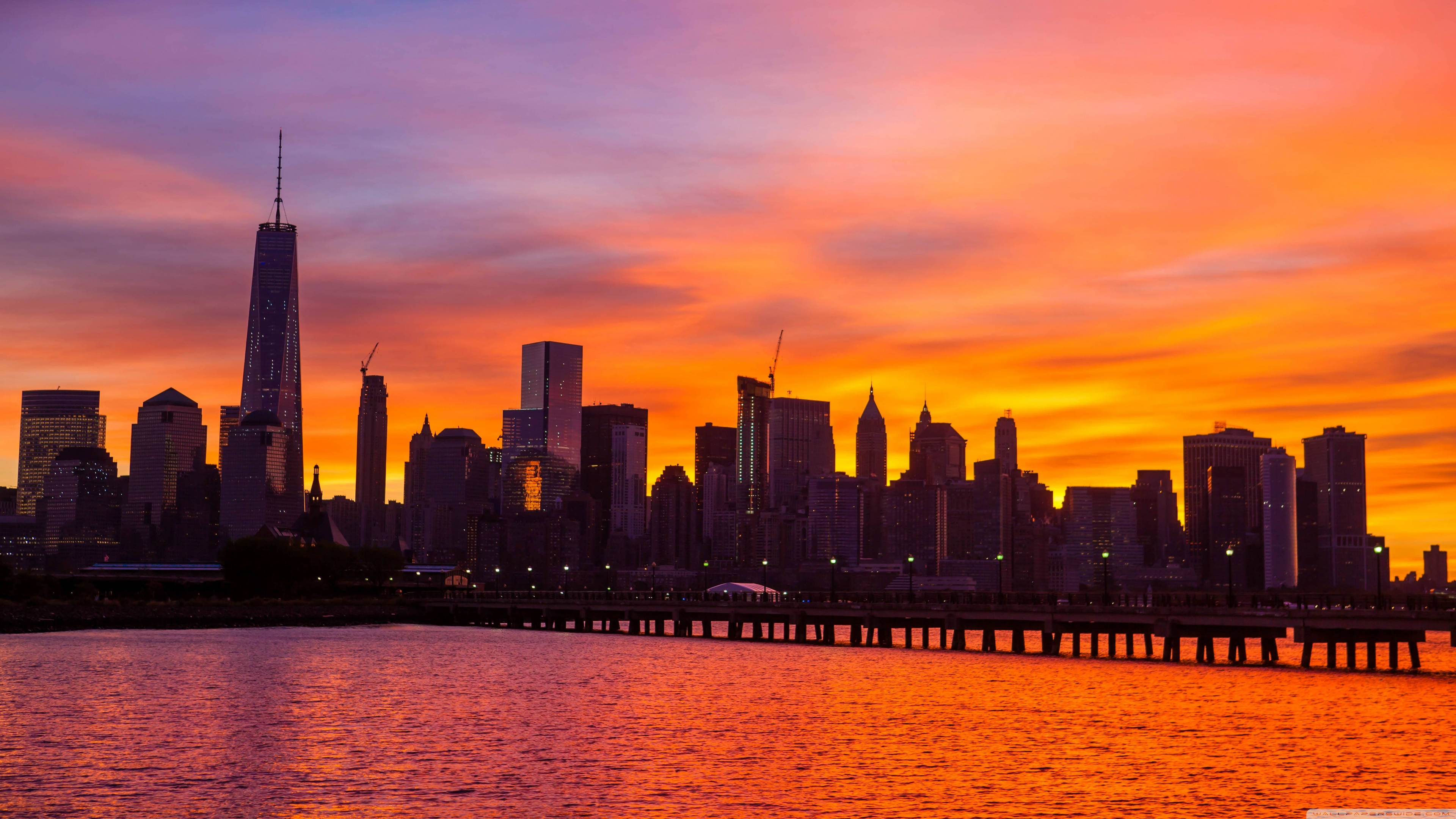 New York City, sunset, fiery orange, 4K Desktop Wallpaper
