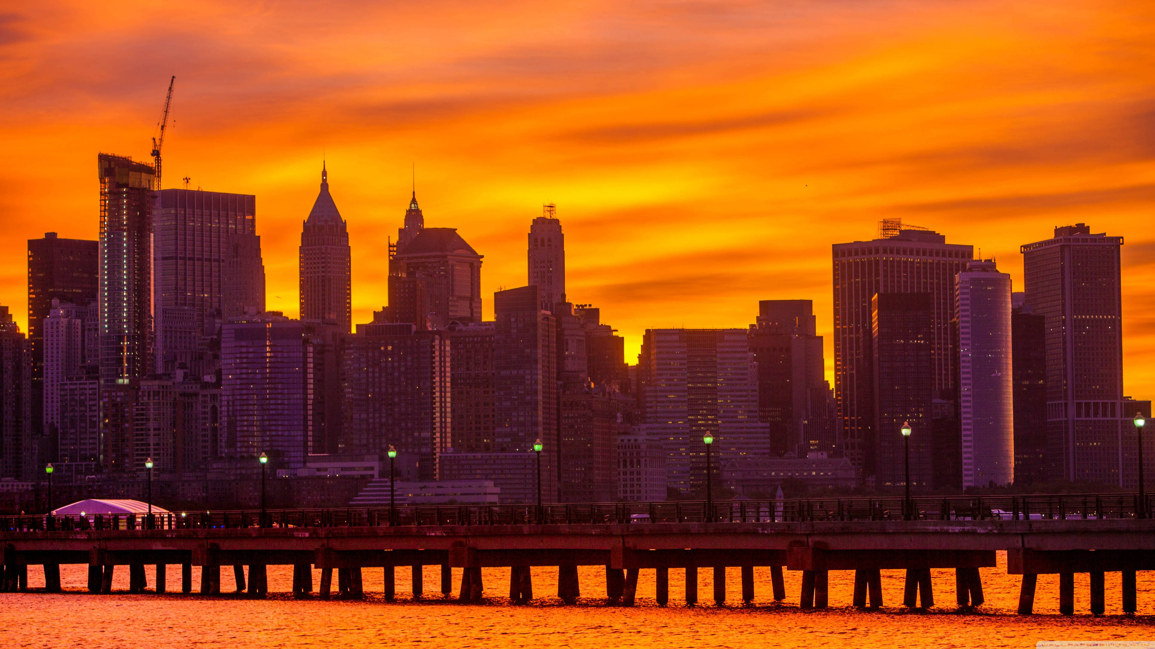 New York City, orange sunset, skyscrapers, 4K Desktop Wallpaper