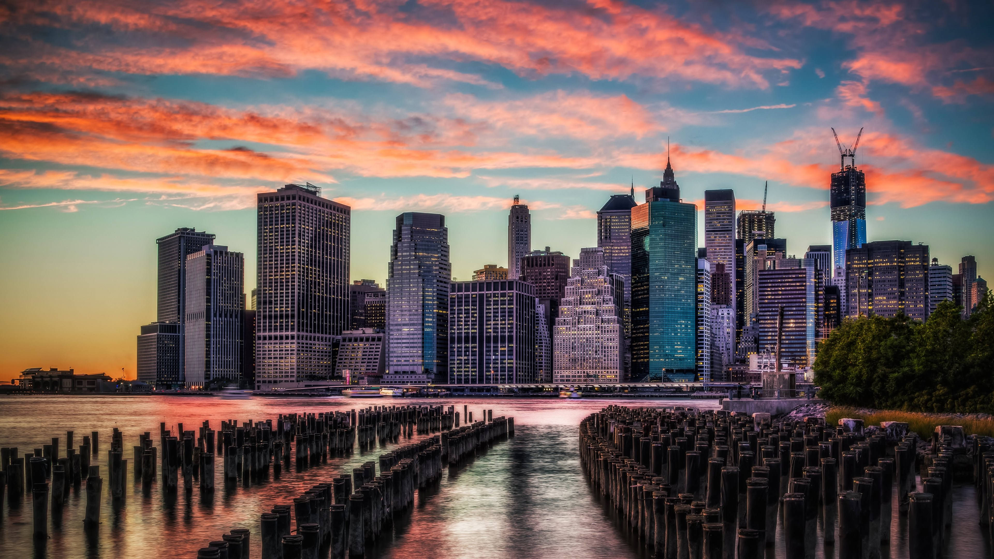 4K New York City, Pink Clouds, fiery orange, 4K Desktop Wallpaper