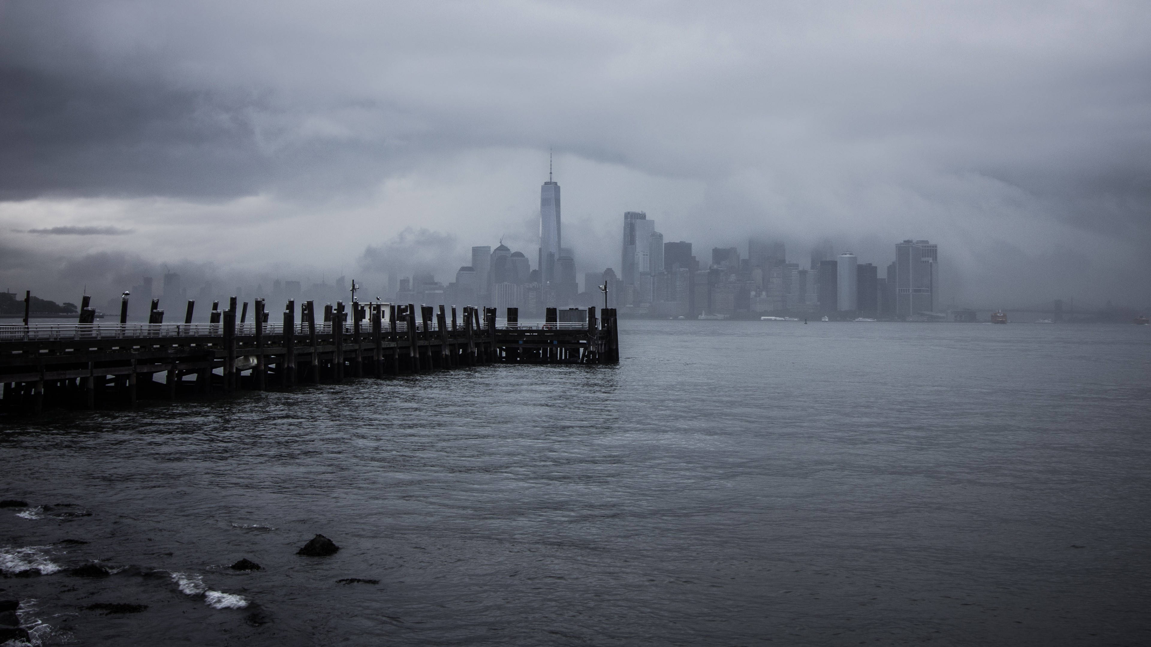 4K New York City, fog, wooden pier, 4K Desktop Wallpaper