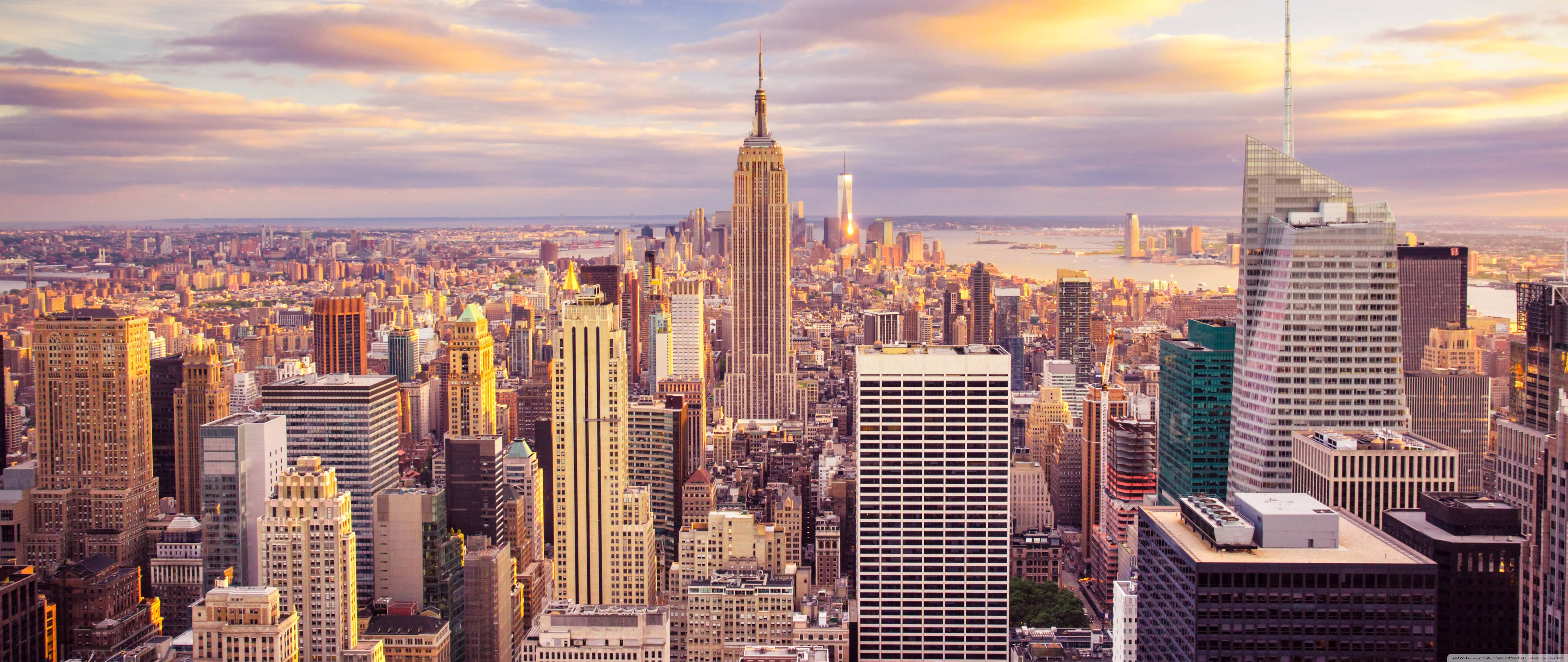 New York City skyline, sunset, golden light, 5K Desktop Wallpaper