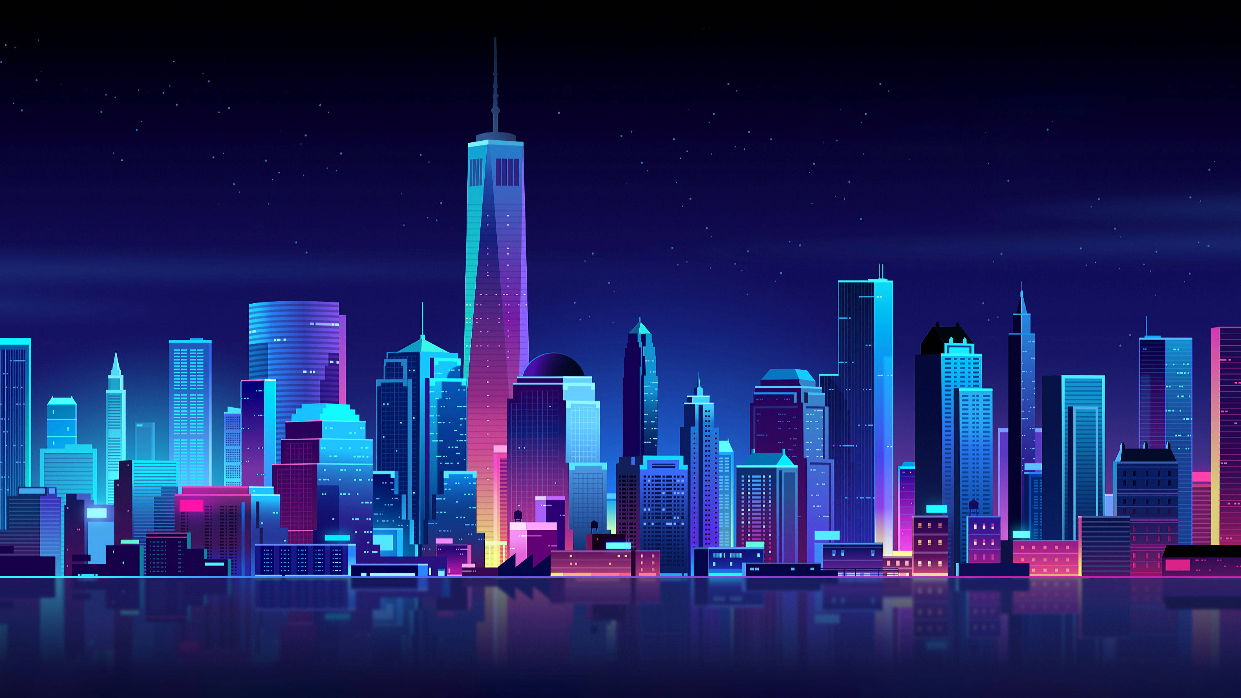 New York, neon-lit city skyline, glowing skyscrapers, 4K Desktop Wallpaper