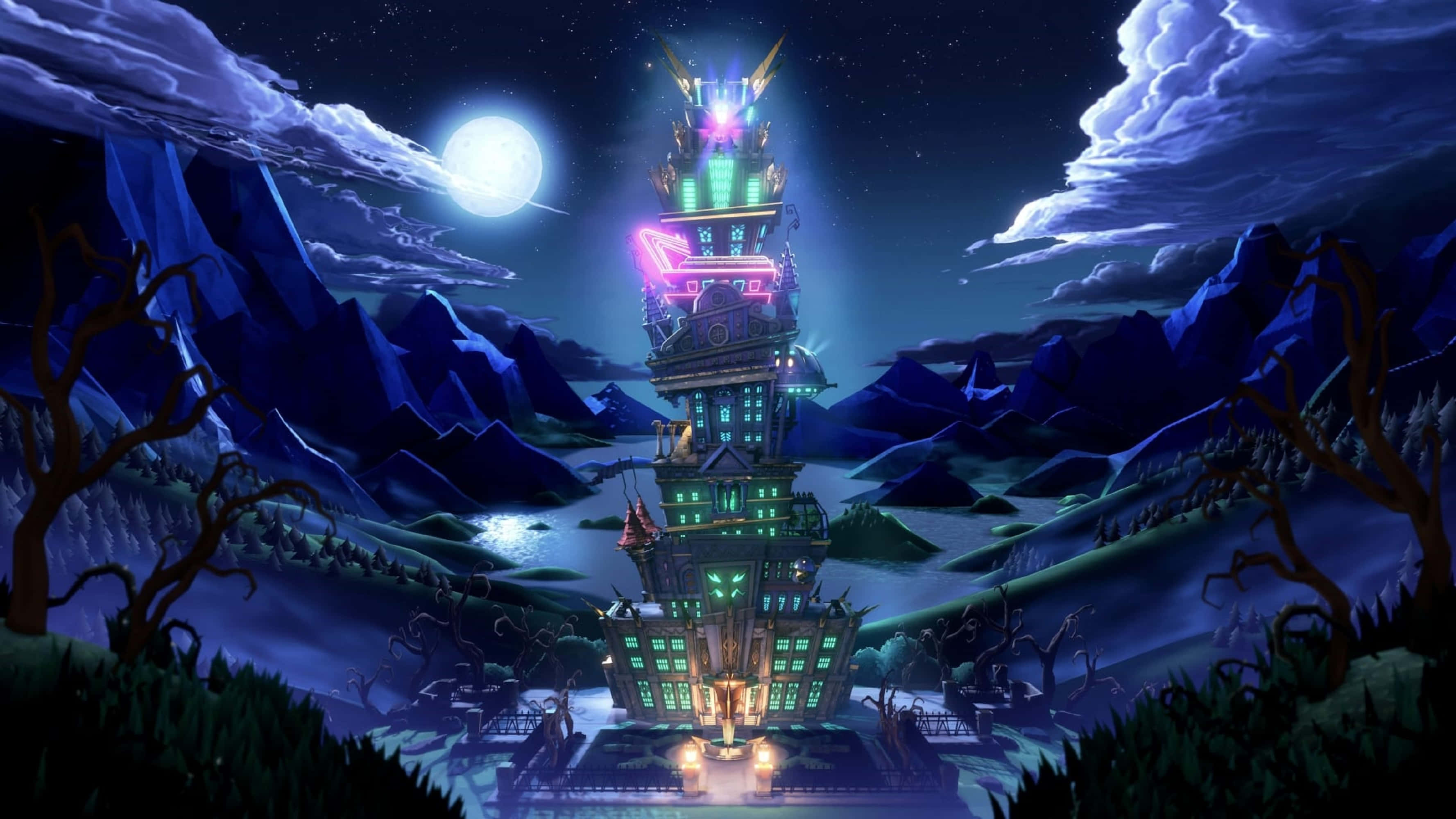 4K PC Monitor, neon tower, misty valley, 2K Desktop Wallpaper