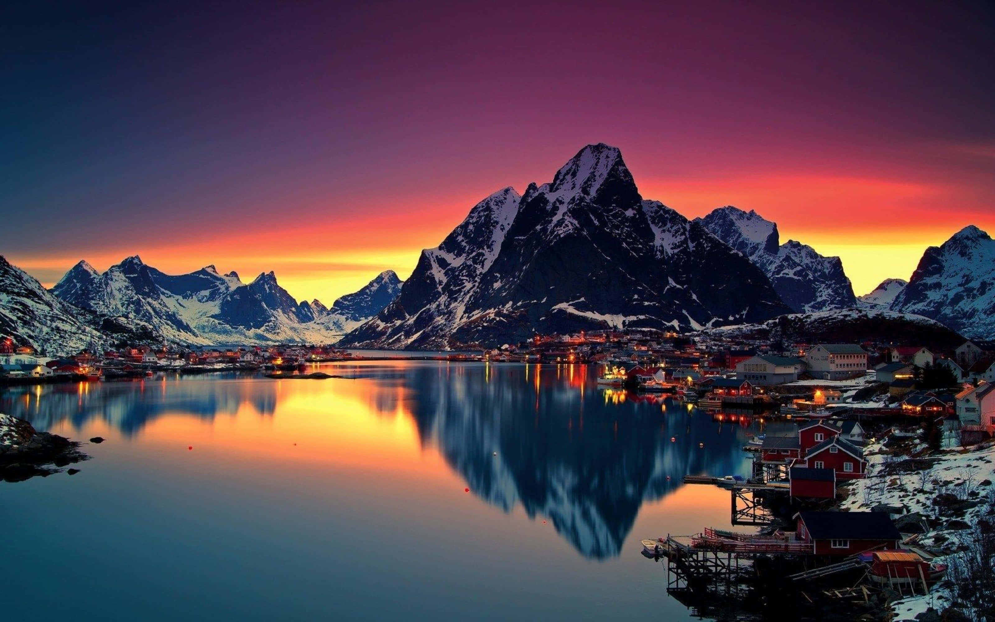 4K PC Monitor, 3200 x 2000, snowy fjord village, 2K Desktop Wallpaper