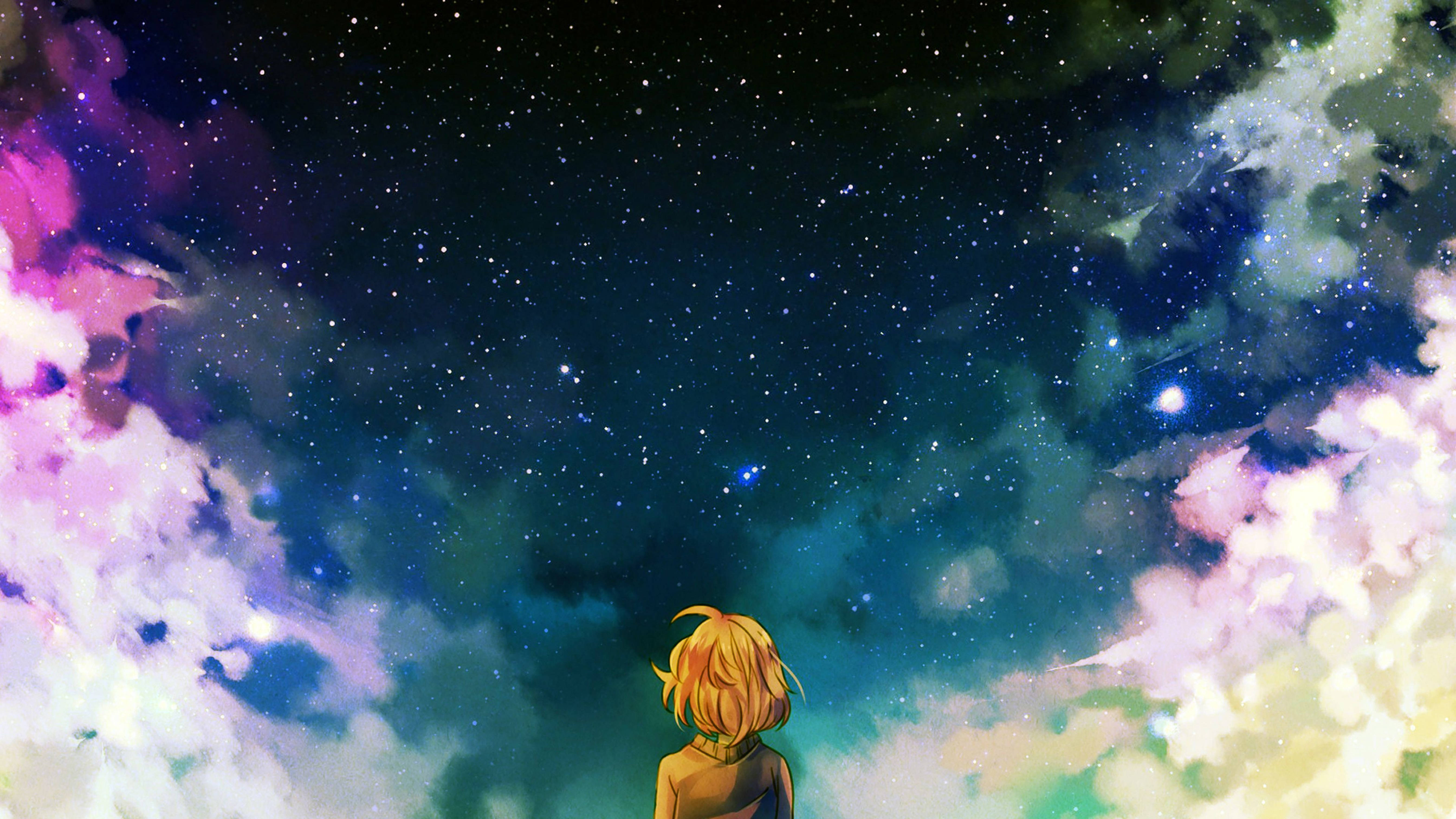 anime girl, blonde hair, vibrant cosmic sky, 5K Desktop Wallpaper