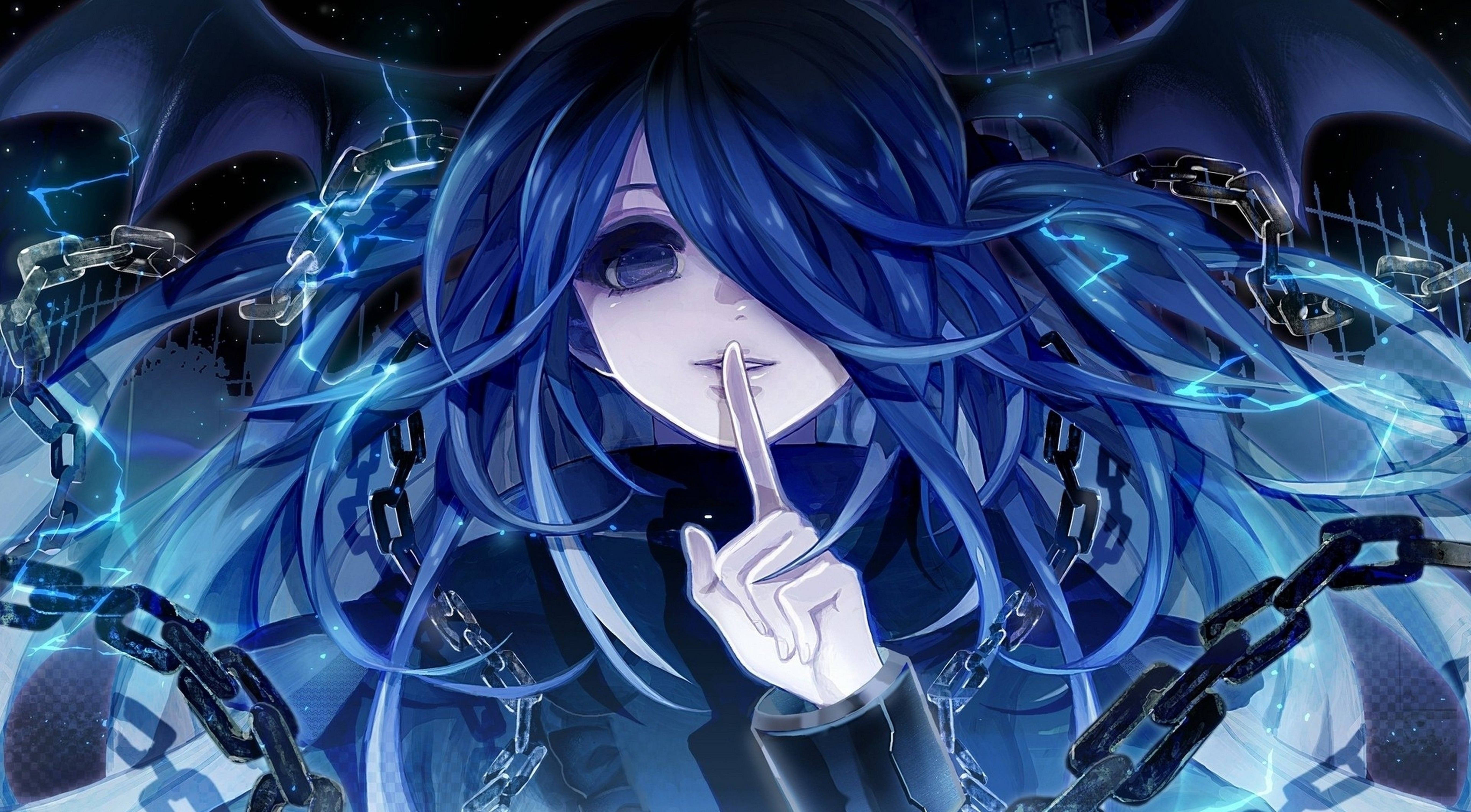 anime girl, blue-haired, glowing chains, 5K Desktop Wallpaper