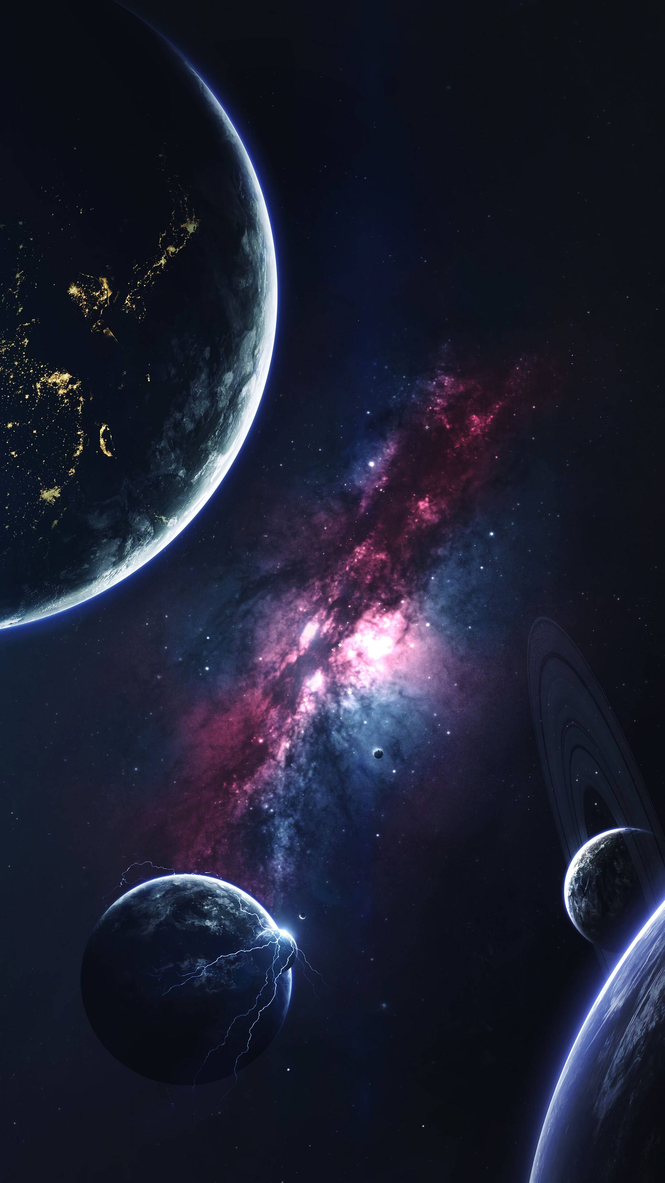 4K Phone, glowing planets, vibrant pink-purple nebula, 4K Phone Wallpaper